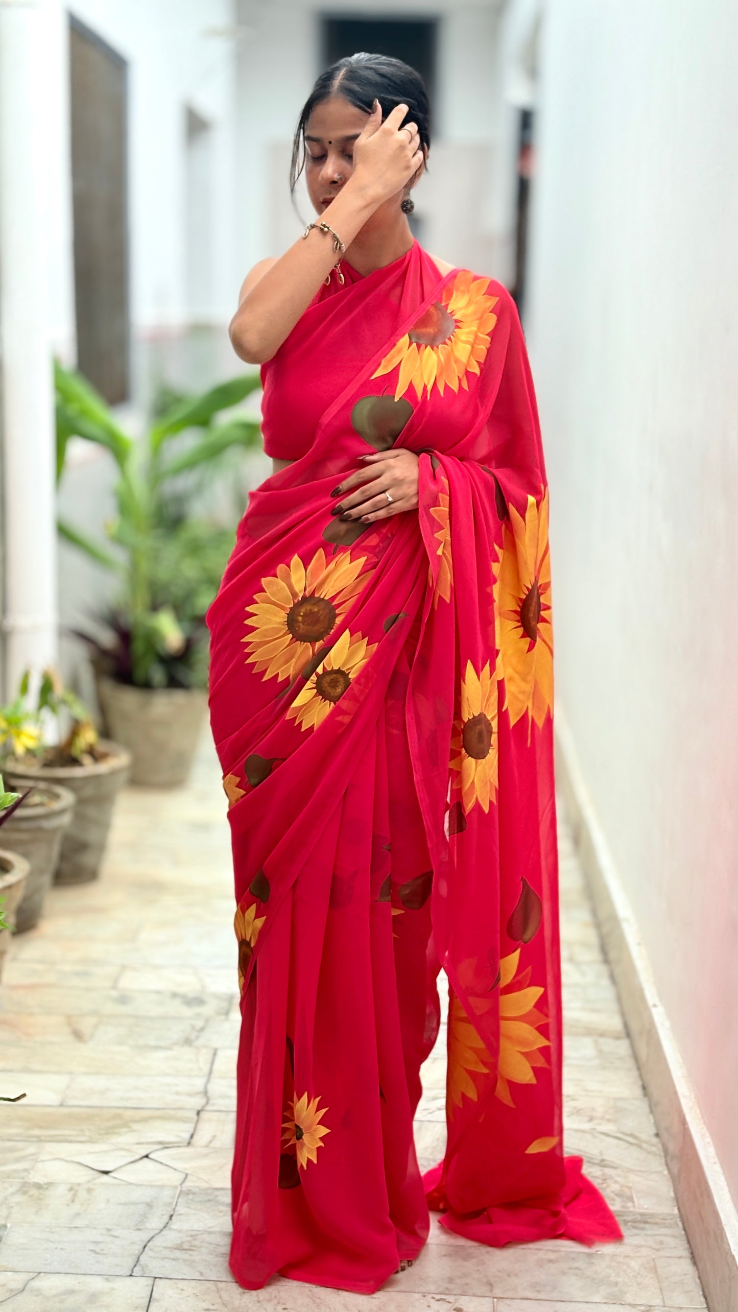 Red Hand-Painted Sunflower Saree