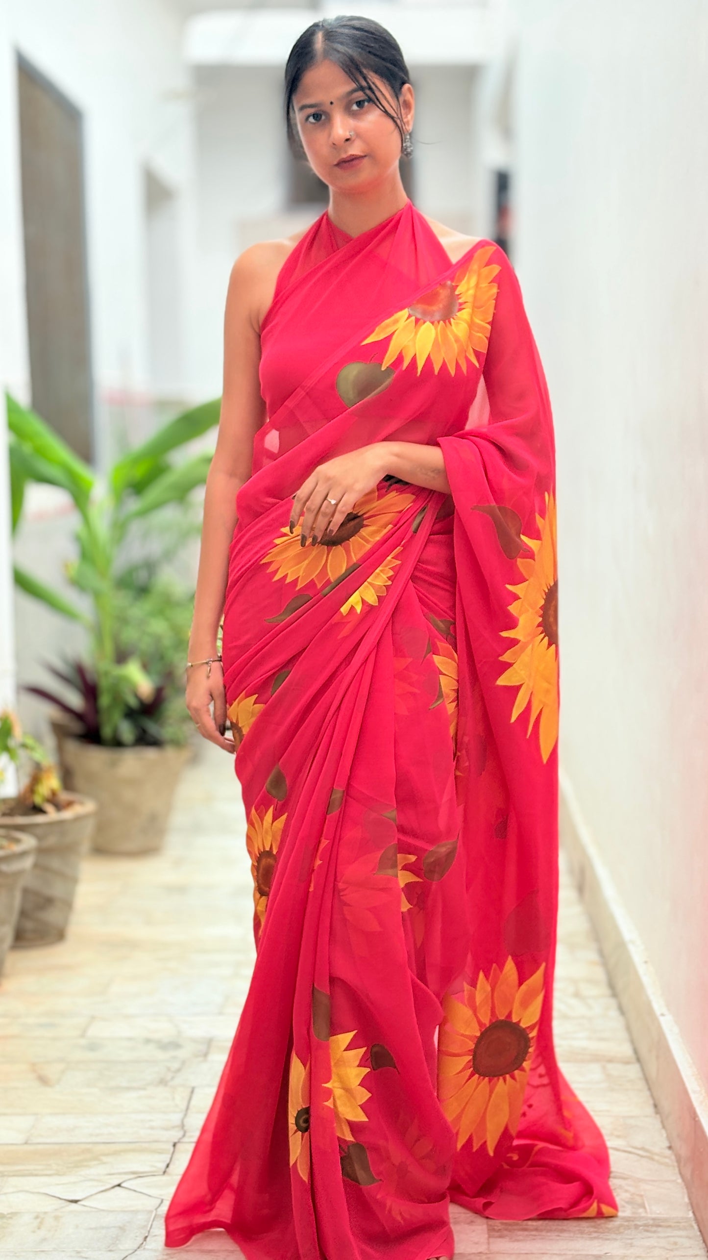 Hand-Painted Sunflower Saree