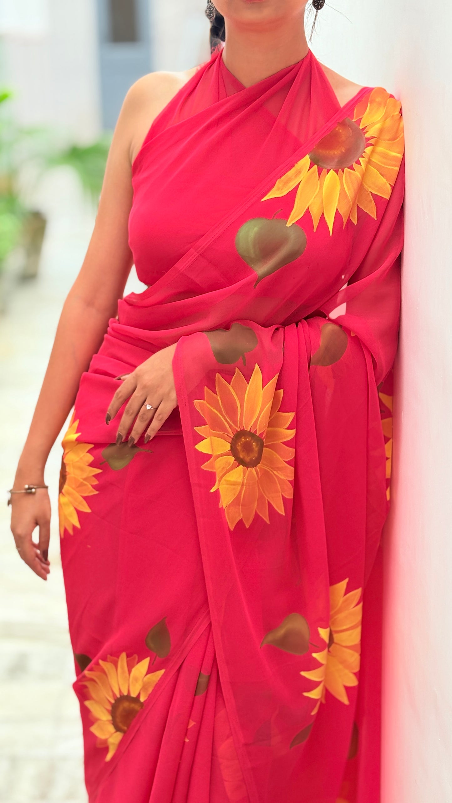 Red Hand-Painted Sunflower Saree