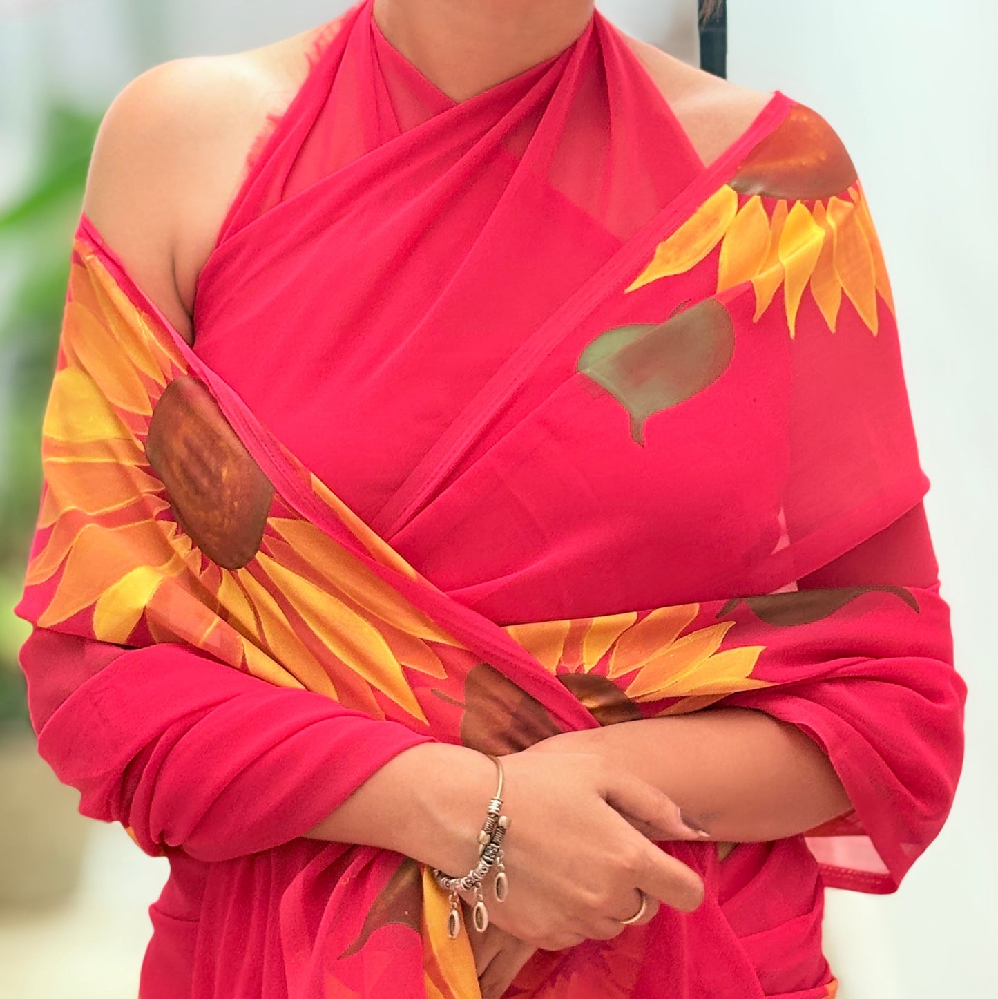 Red Hand-Painted Sunflower Saree