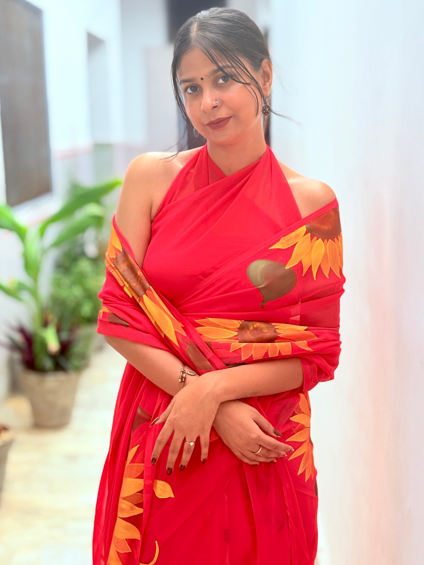 Red Hand-Painted Sunflower Saree