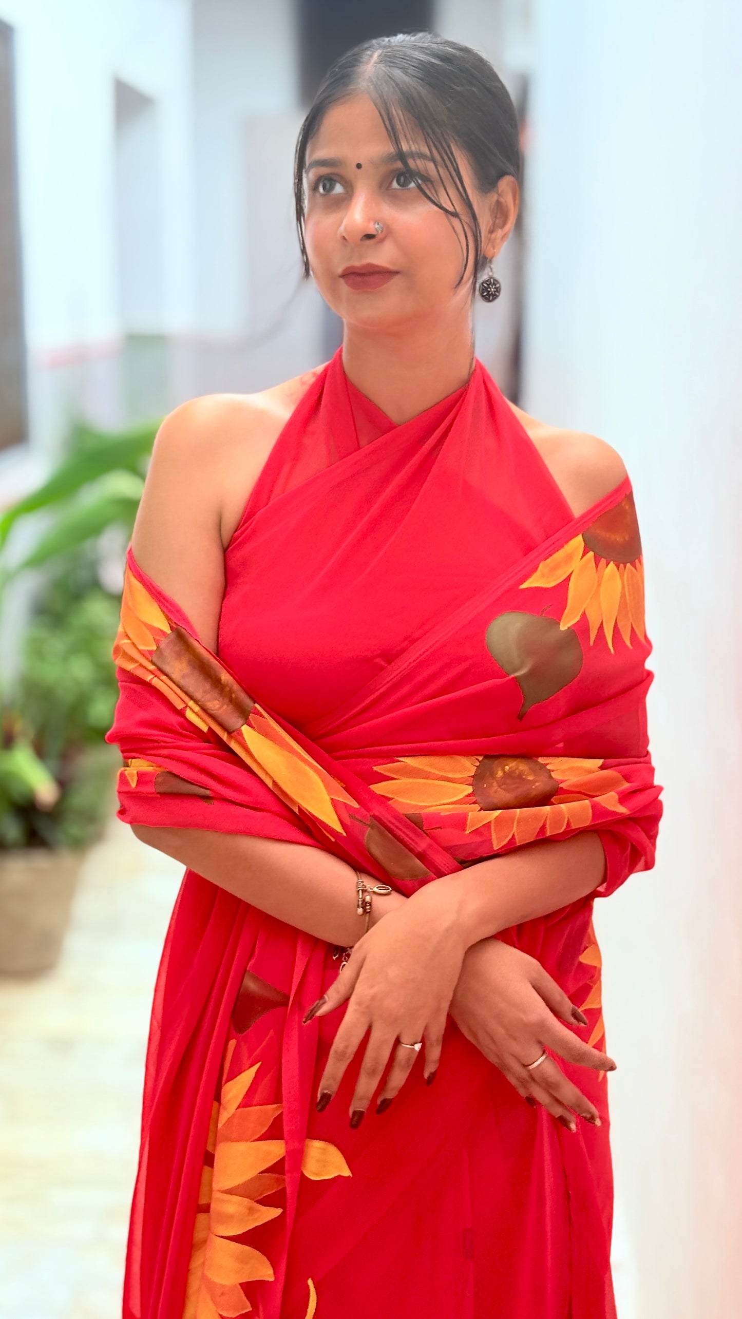 Red Hand-Painted Sunflower Saree