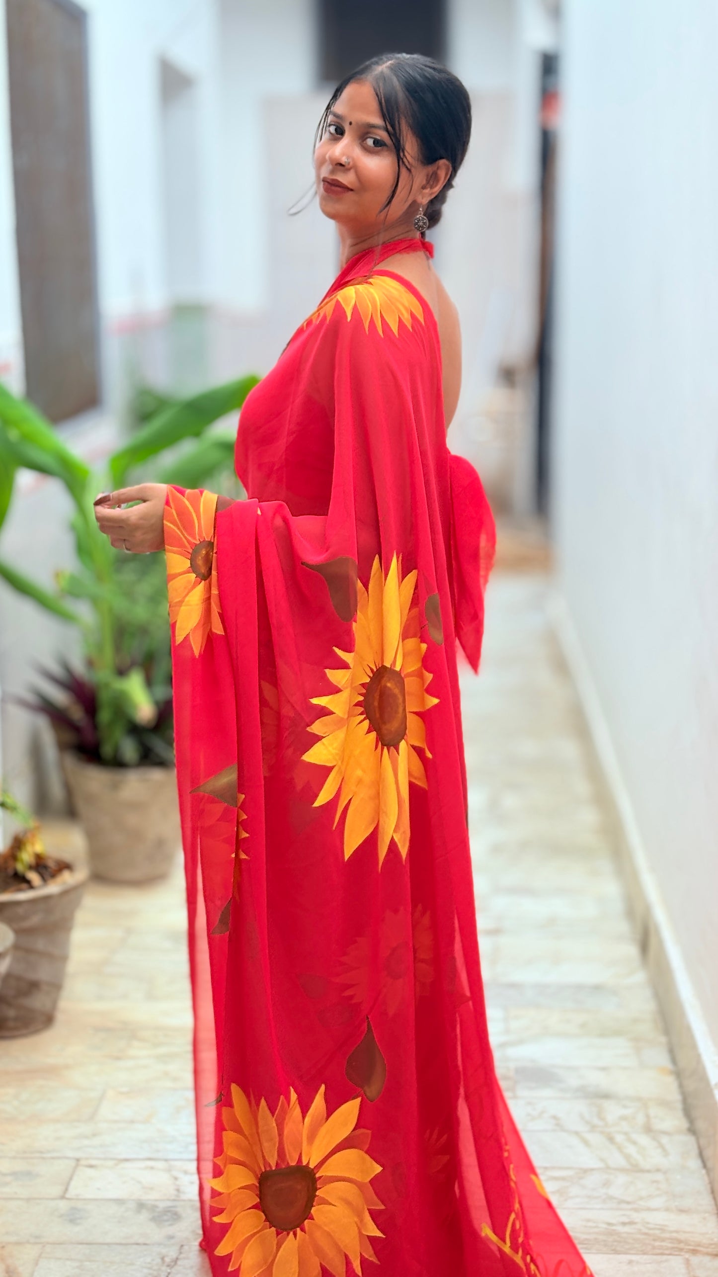 Red Hand-Painted Sunflower Saree