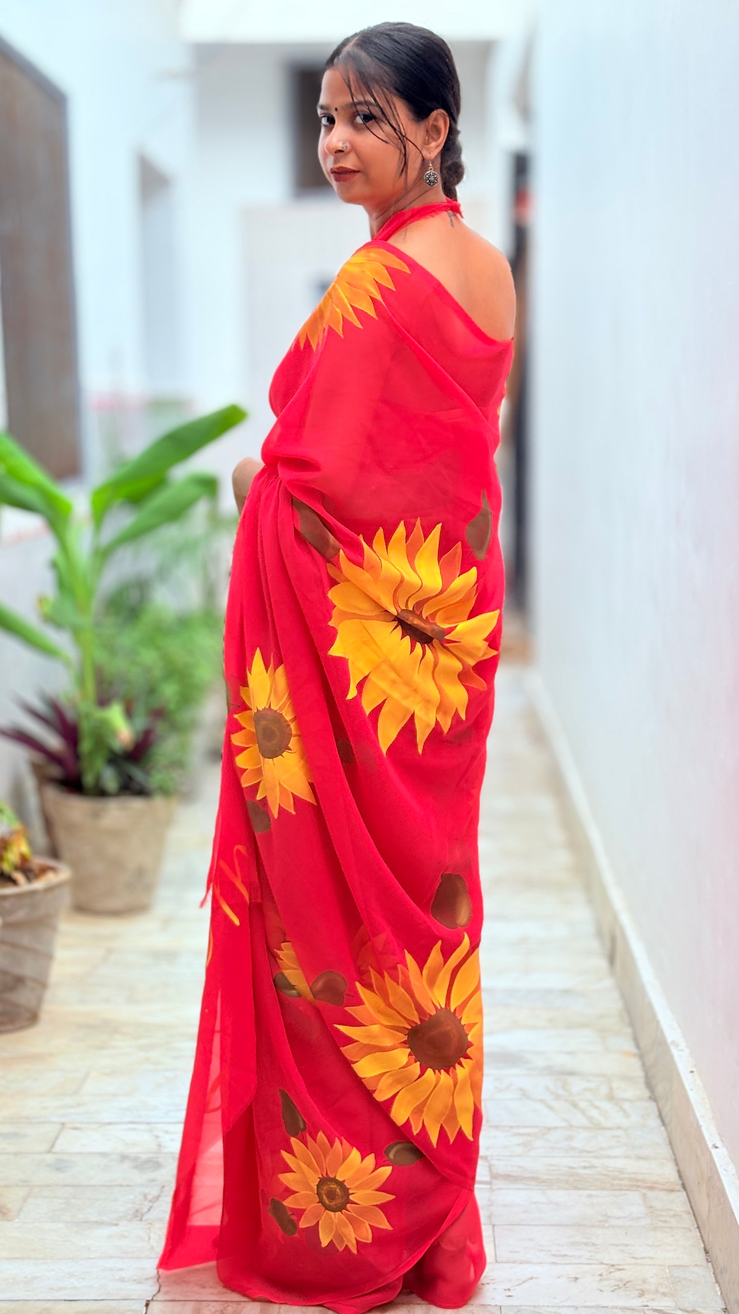 Red Hand-Painted Sunflower Saree