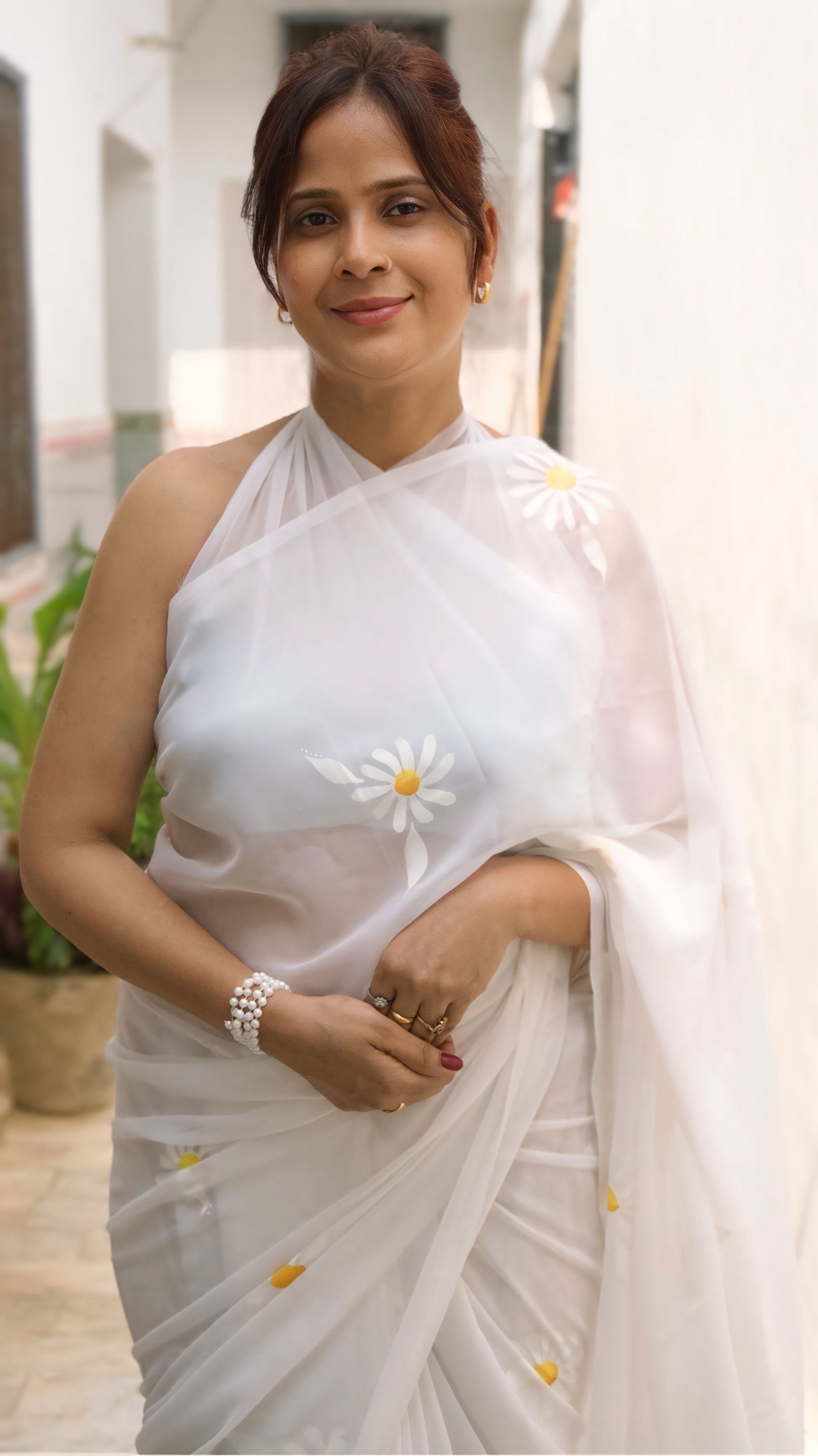 White Hand-Painted Saree