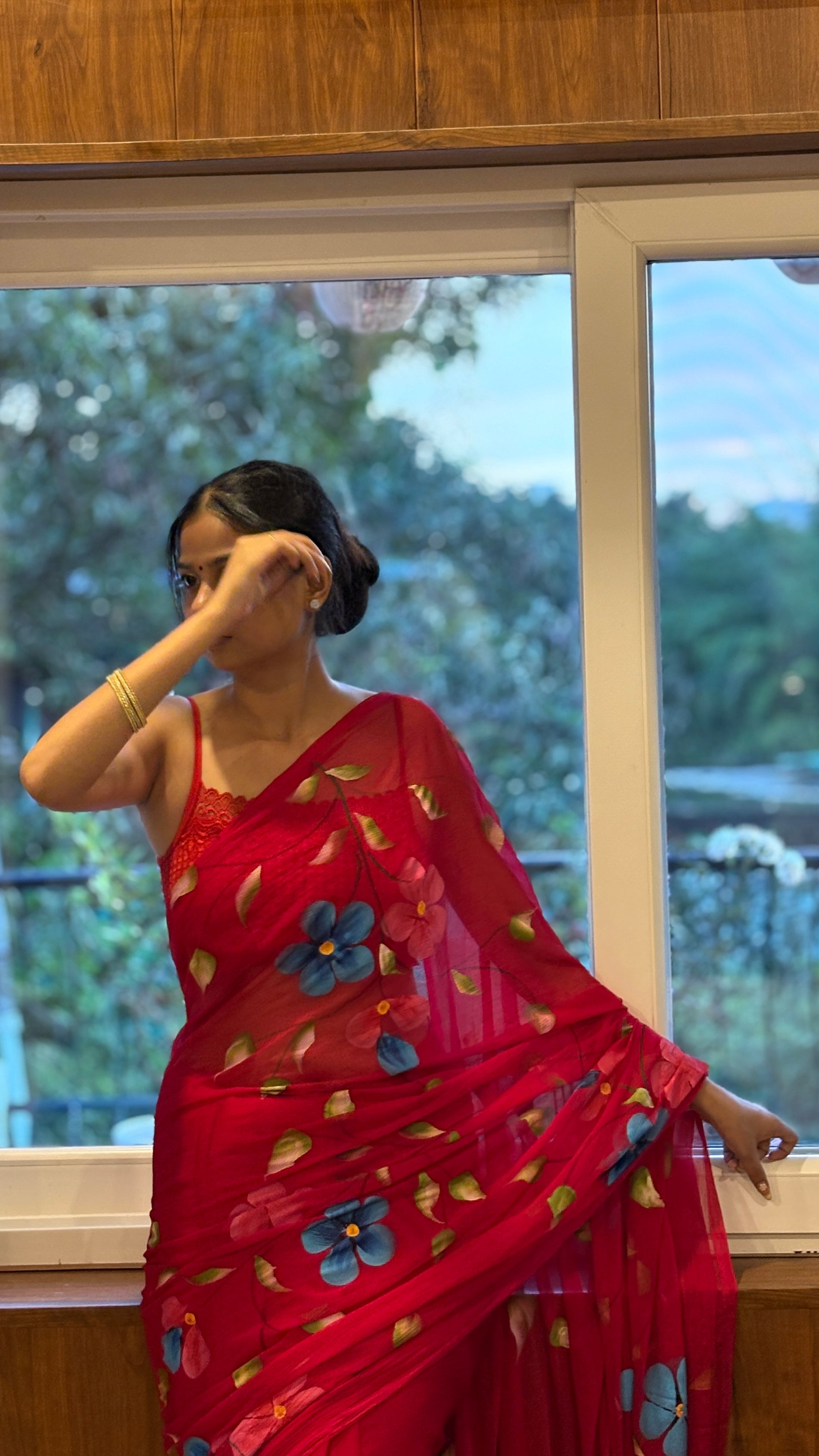 Red Hand-Painted Chiffon Saree