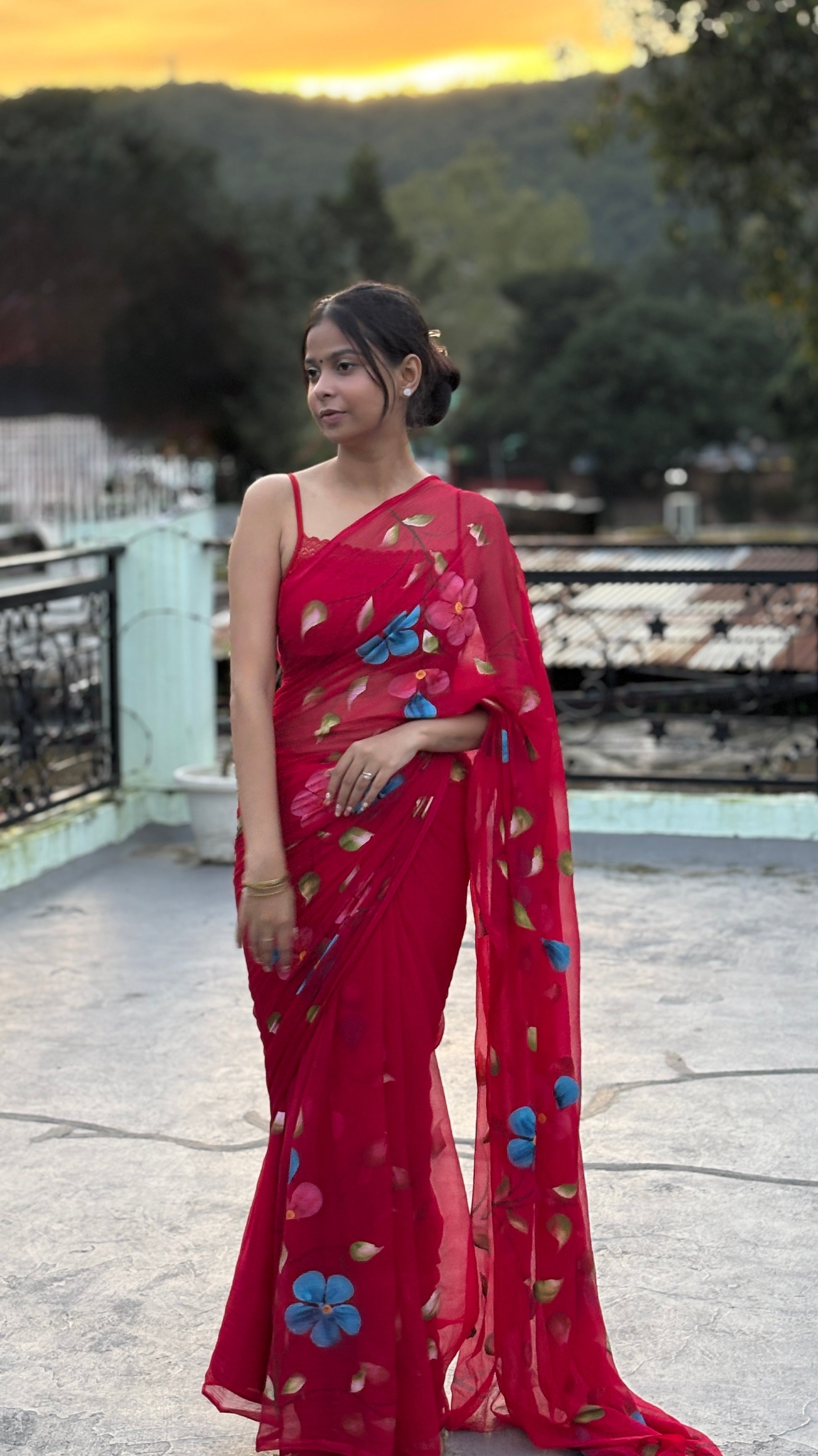 Red Hand-Painted Chiffon Saree