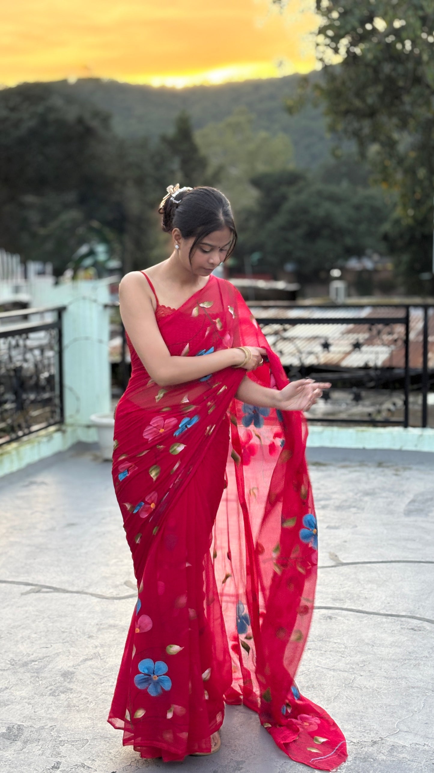 Red Hand-Painted Chiffon Saree