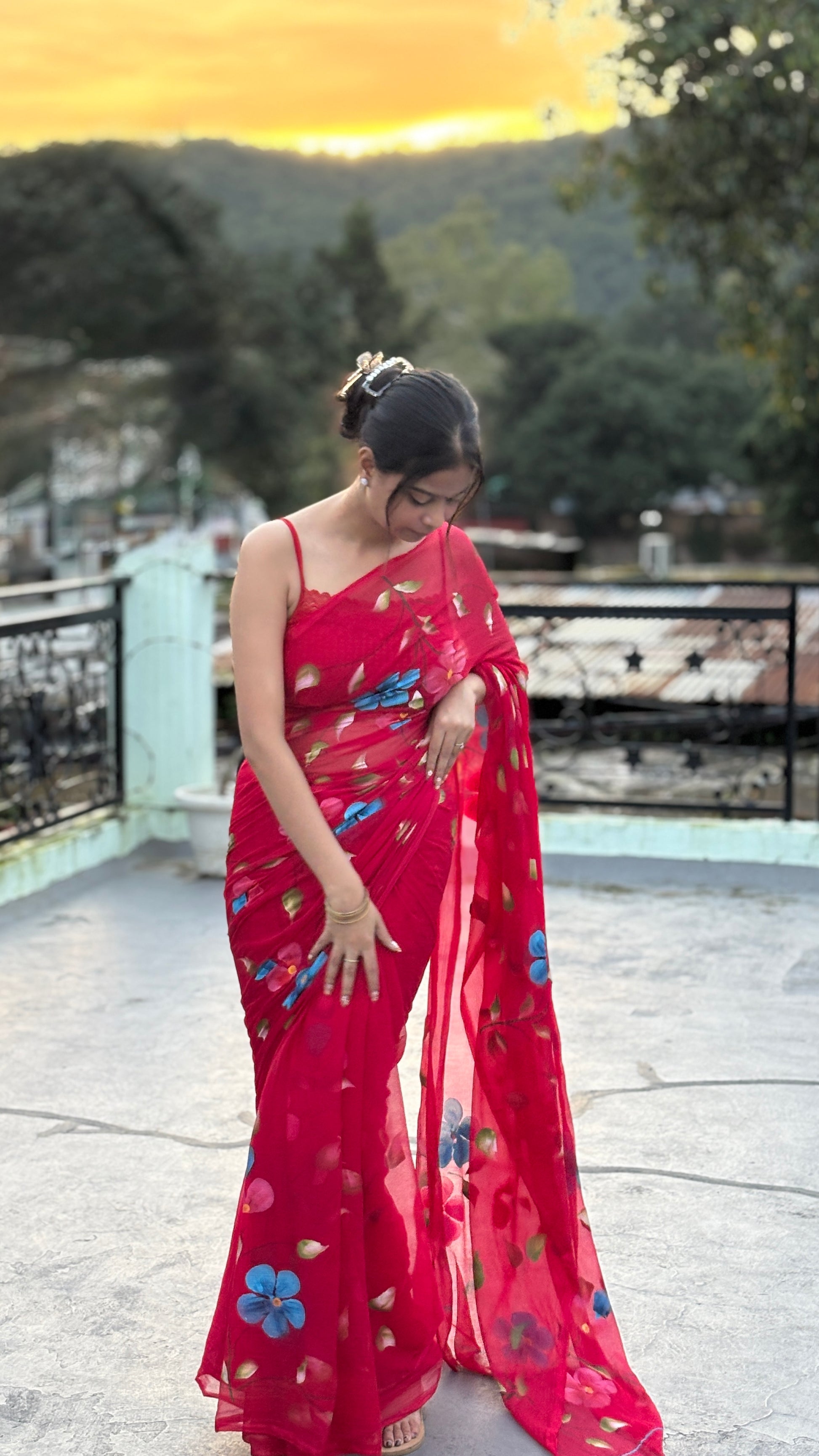 Red Hand-Painted Chiffon Saree