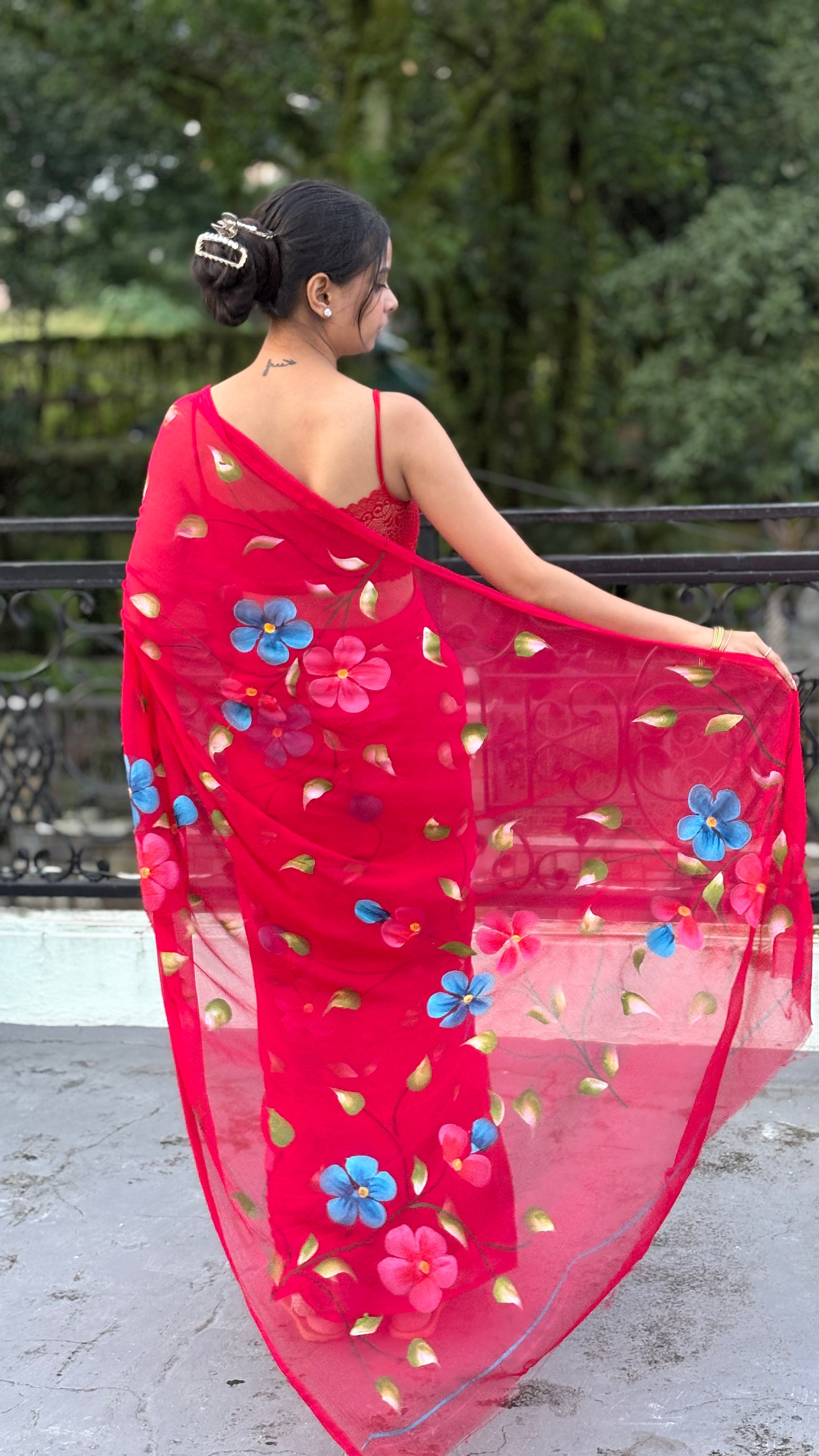 Red Hand-Painted Chiffon Saree