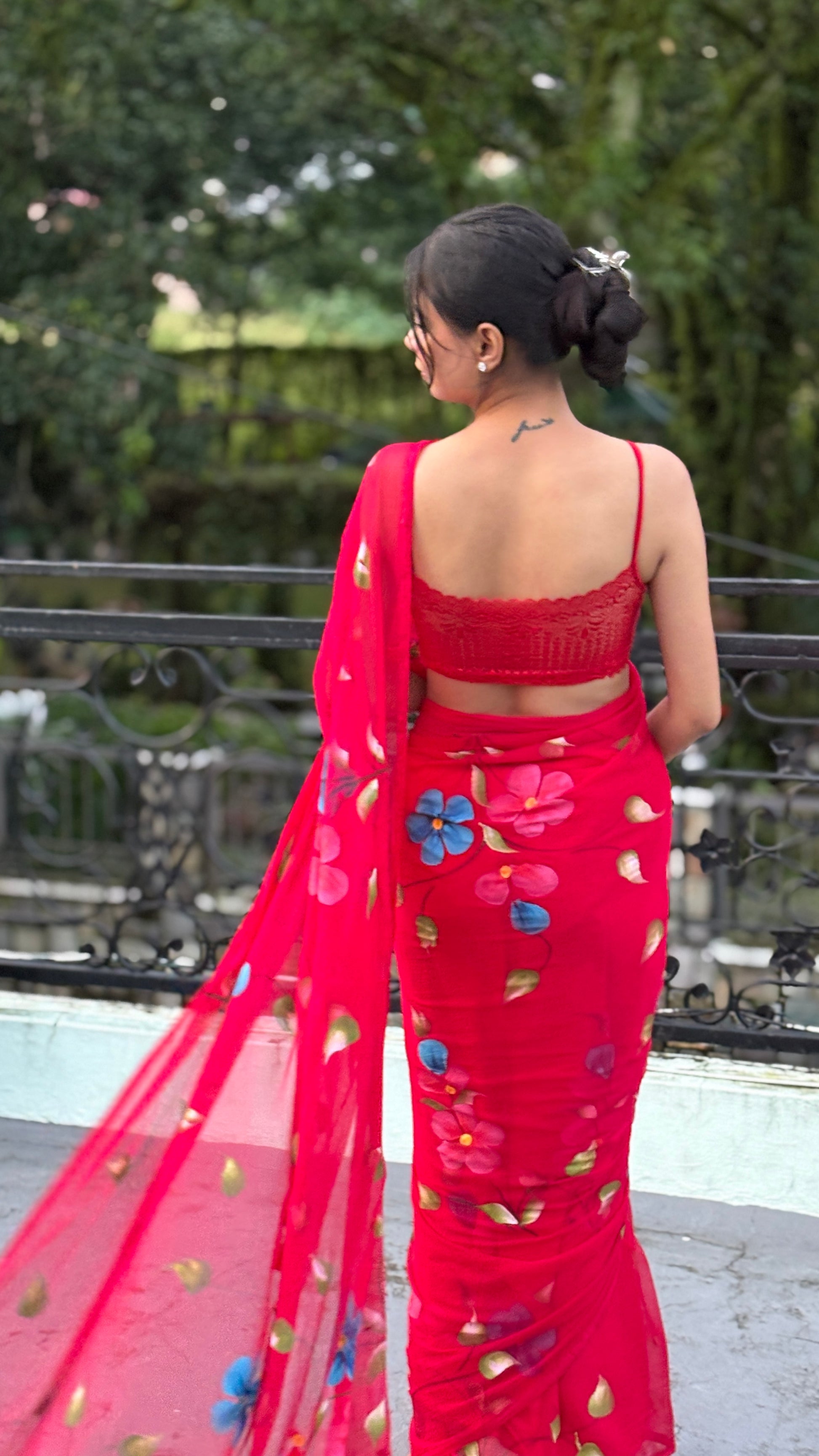 Red Hand-Painted Chiffon Saree