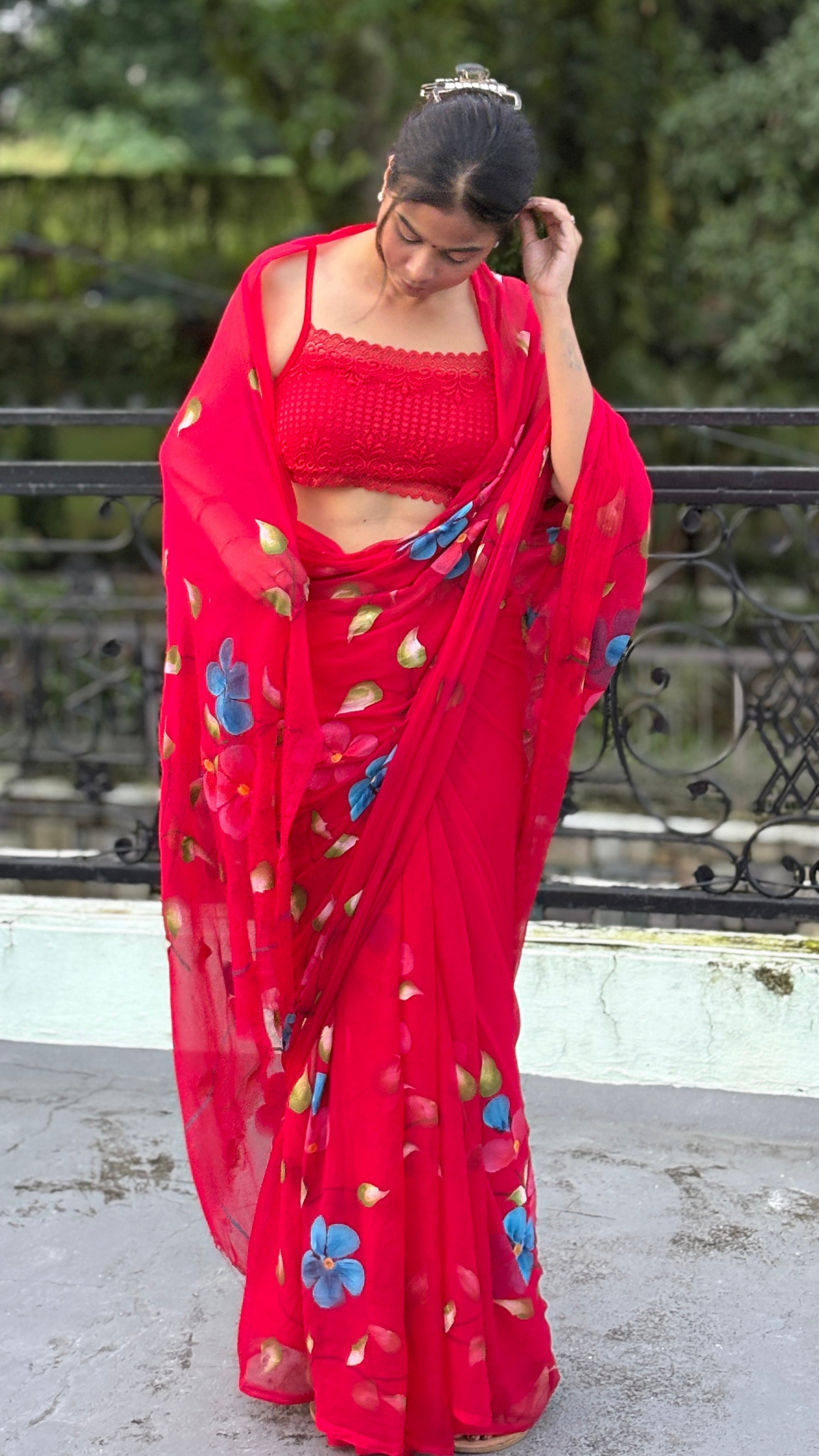 Red Hand-Painted Chiffon Saree