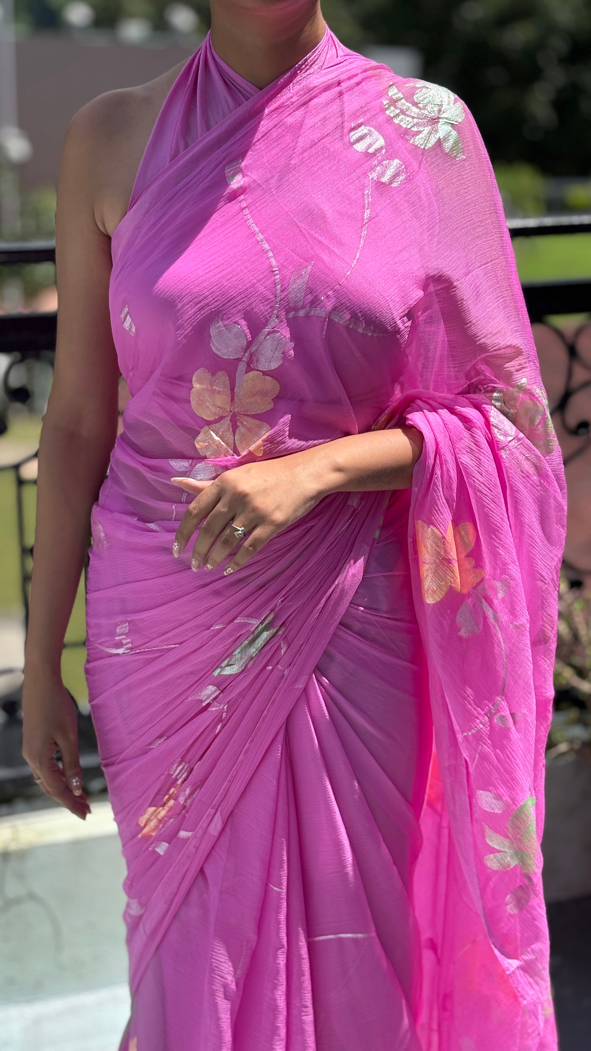 Hand-Painted Pink Saree
