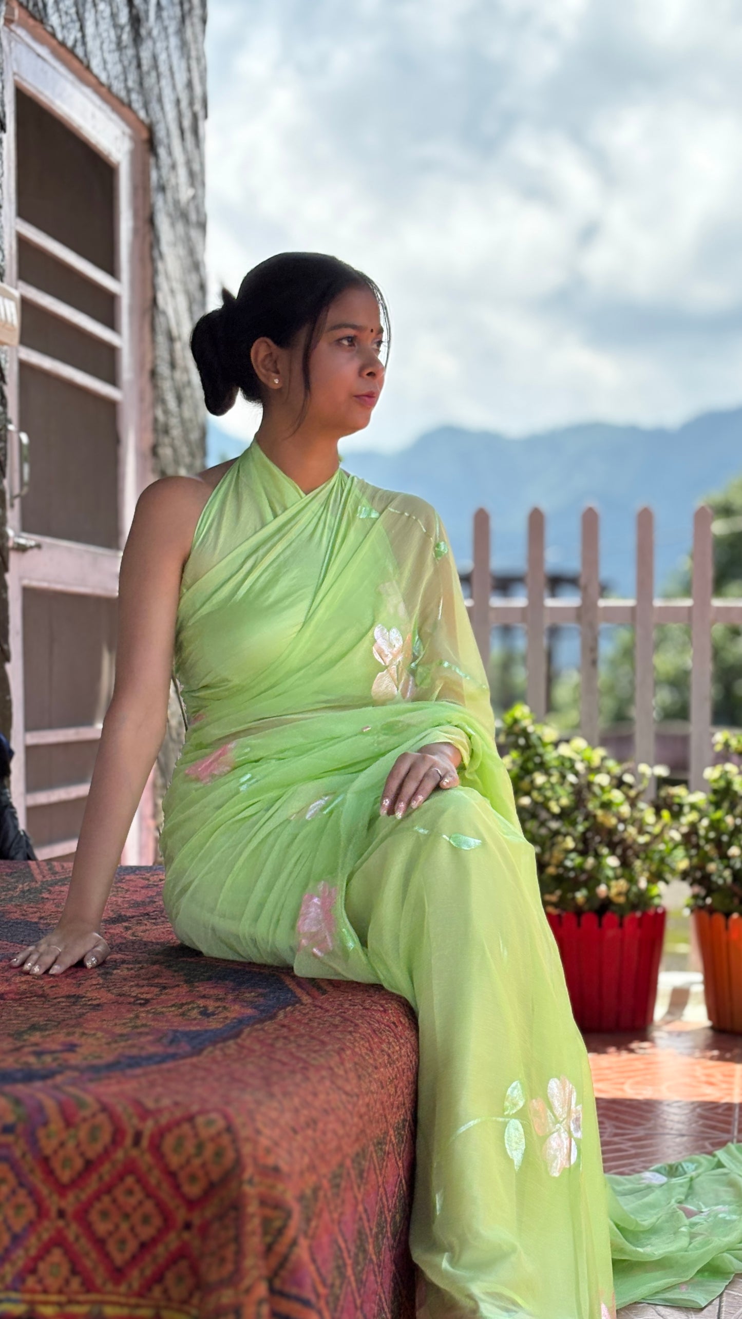 Hand-Painted Green Saree