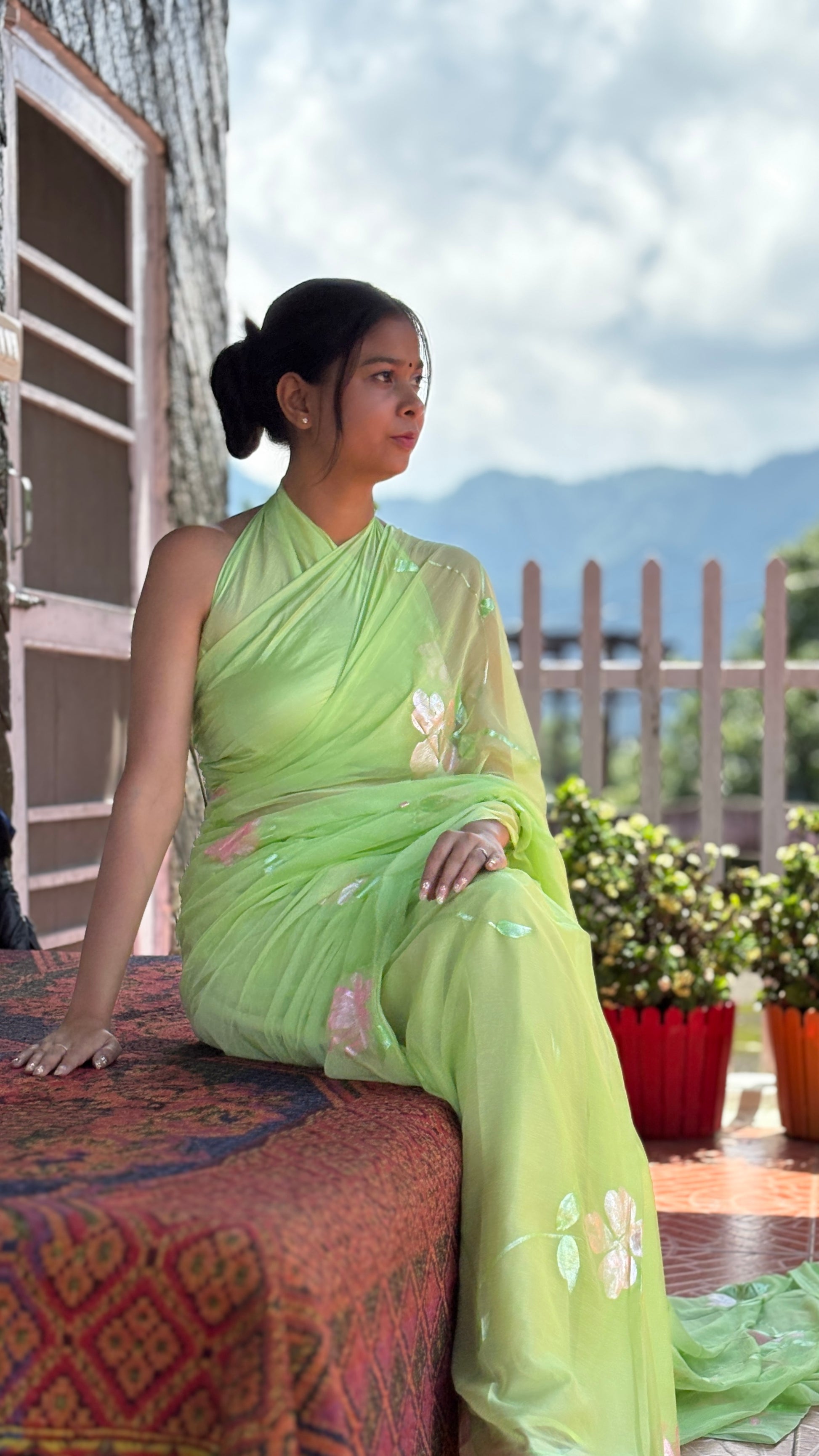Hand-Painted Green Saree