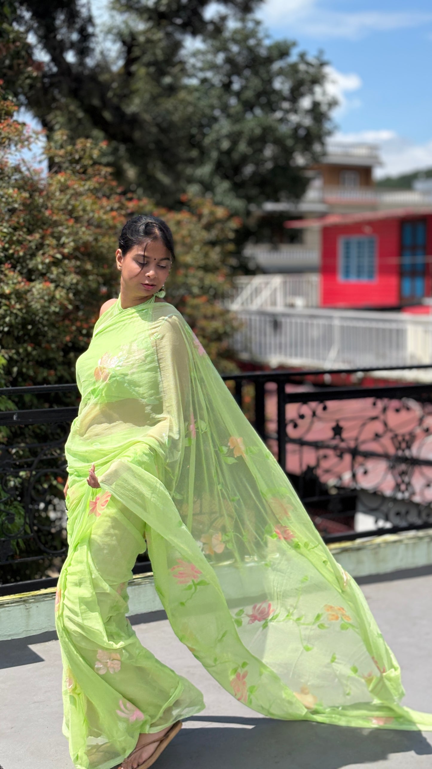 Hand-Painted Green Saree