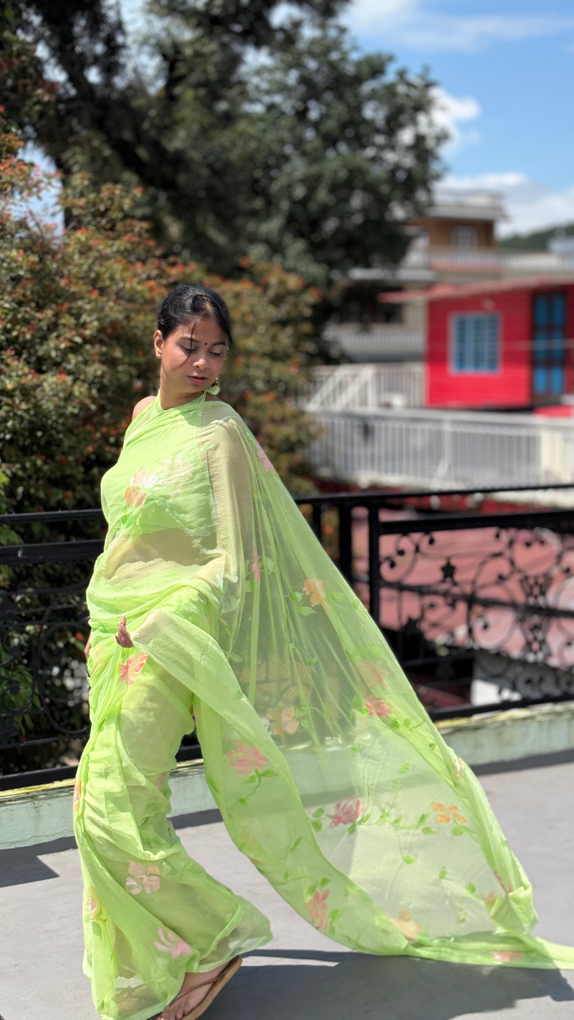 Hand-Painted Green Saree