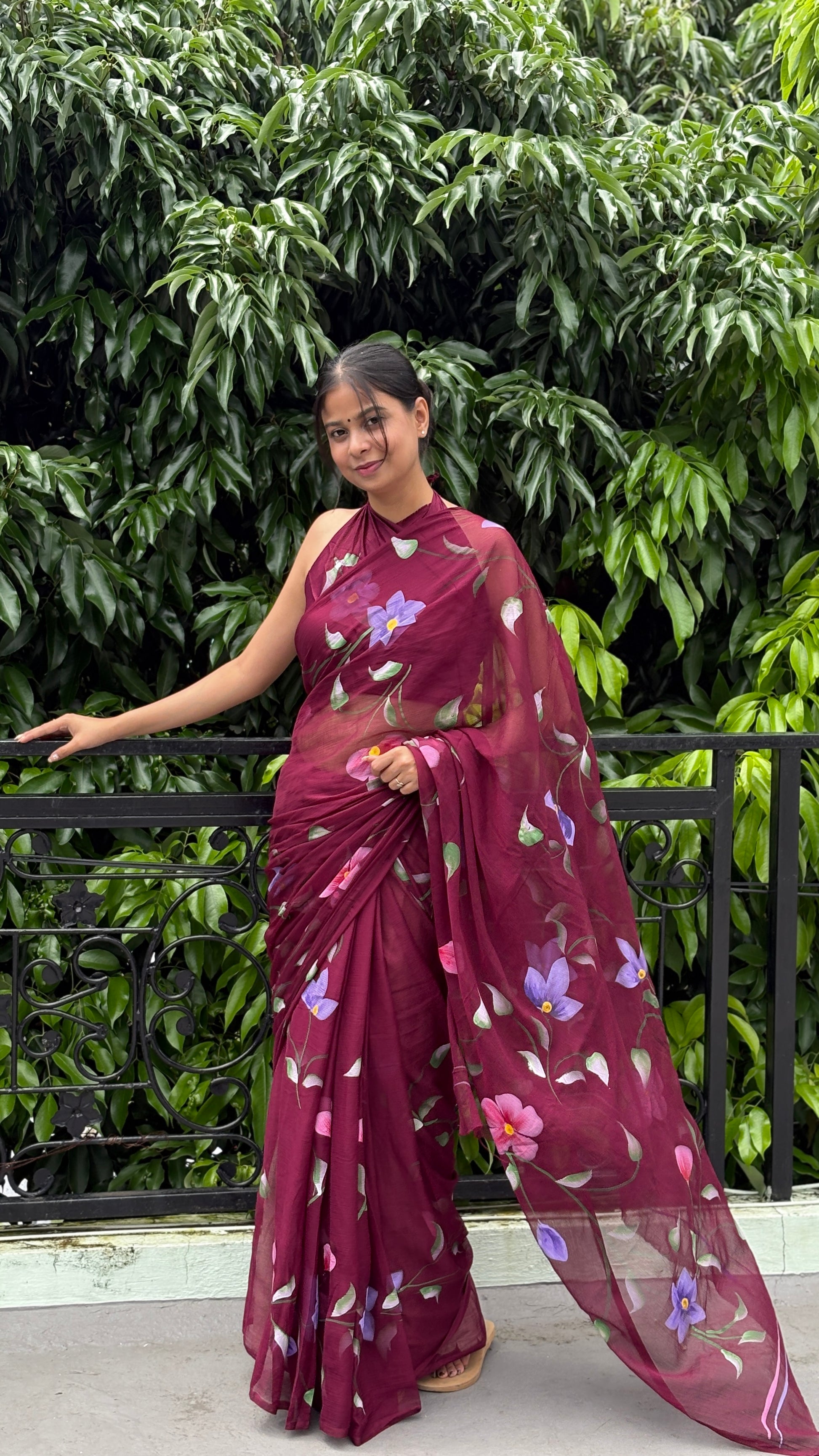 Hand-Painted Burgundy Saree