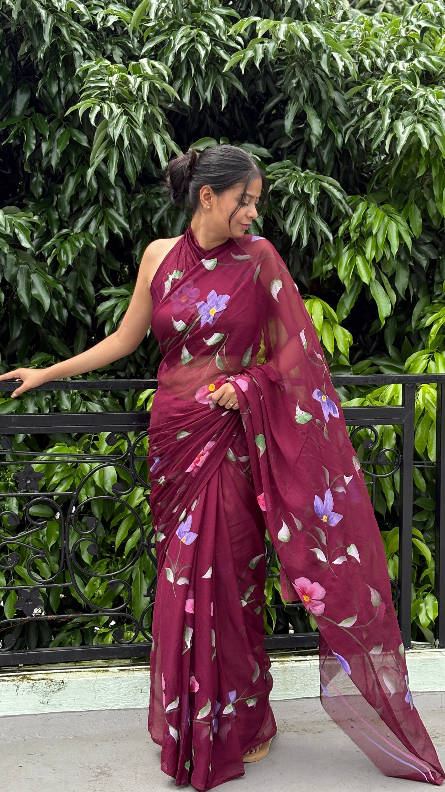 Hand-Painted Burgundy Saree