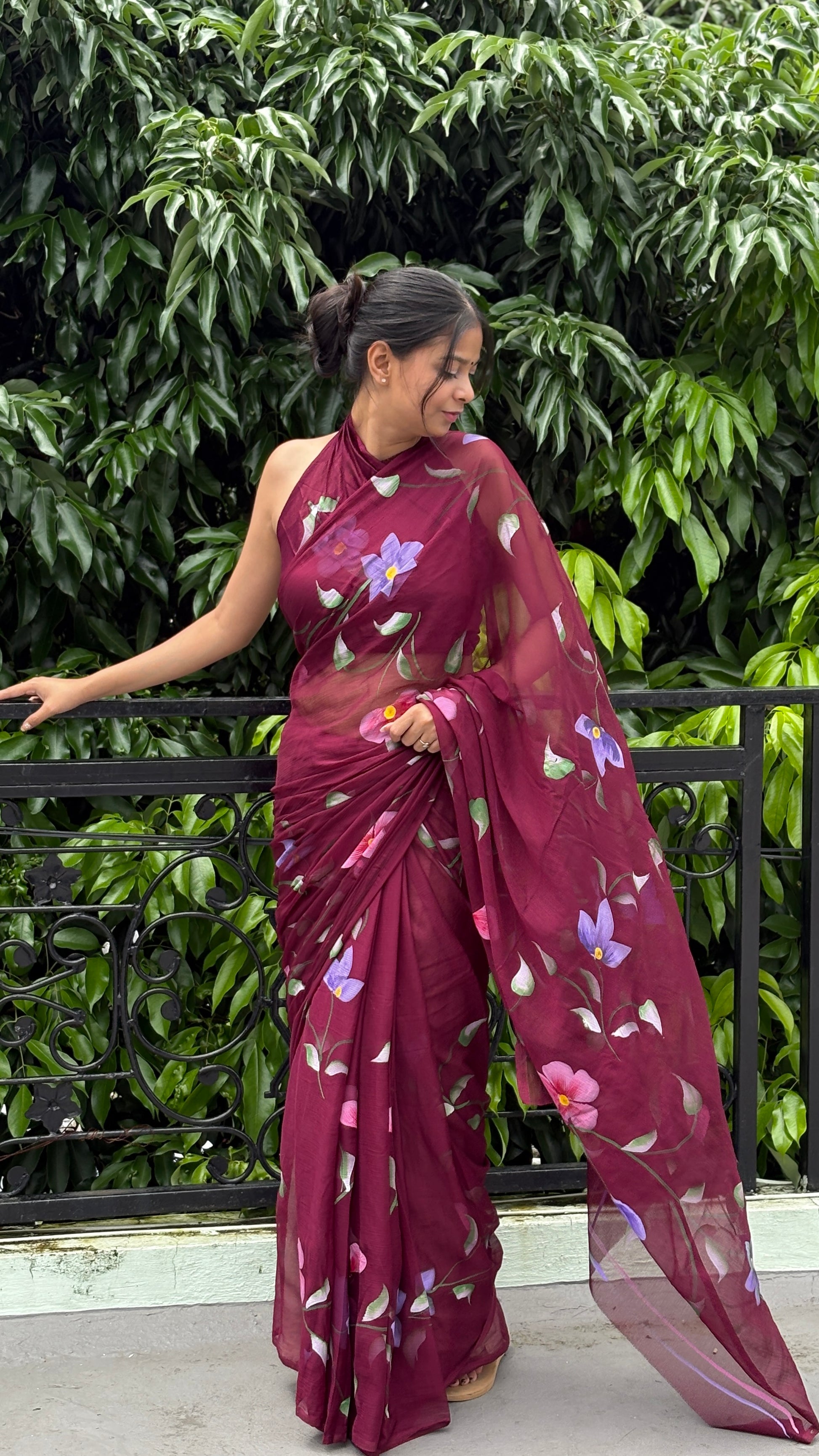 Hand-Painted Burgundy Saree