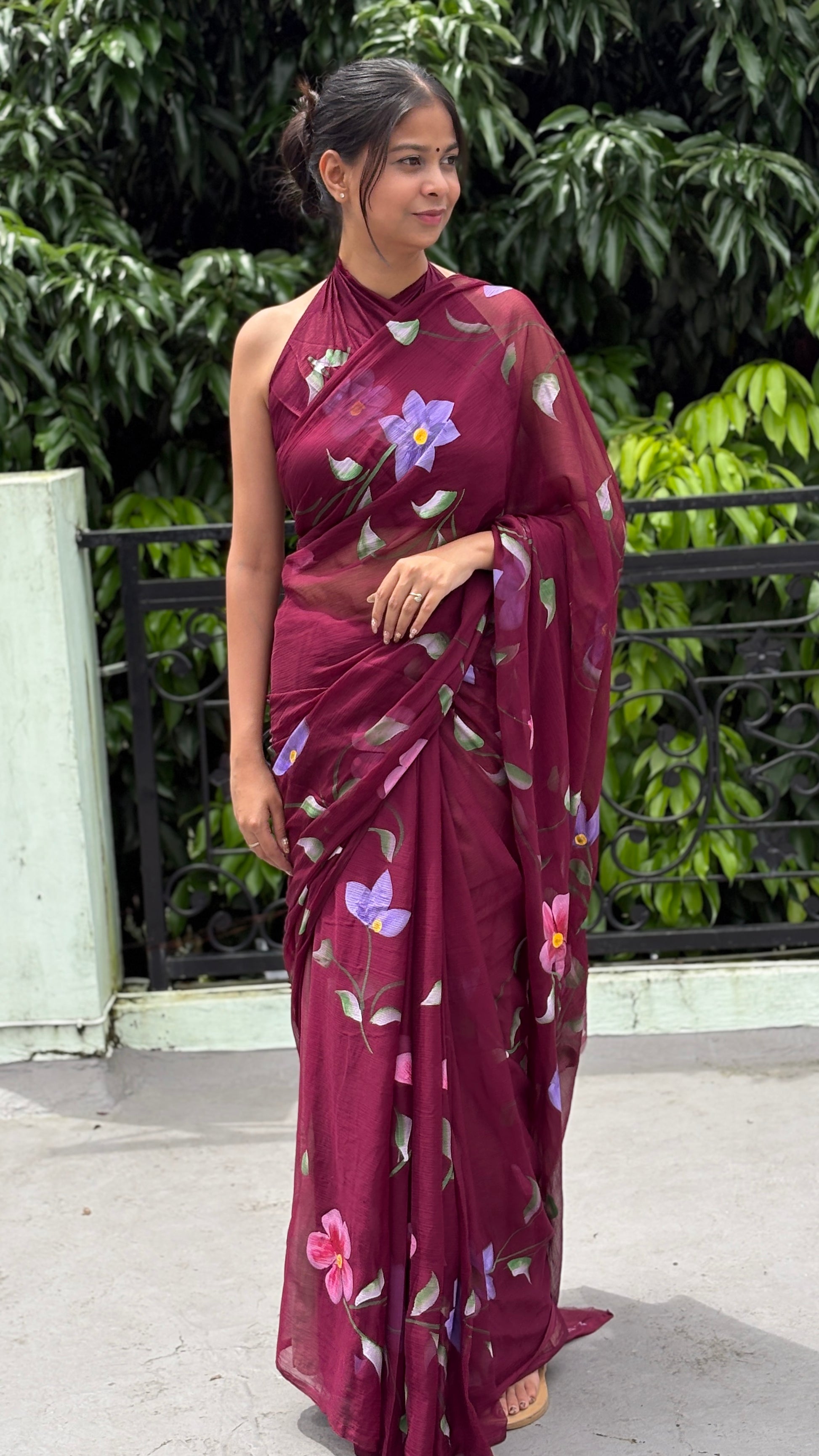 Hand-Painted Burgundy Saree