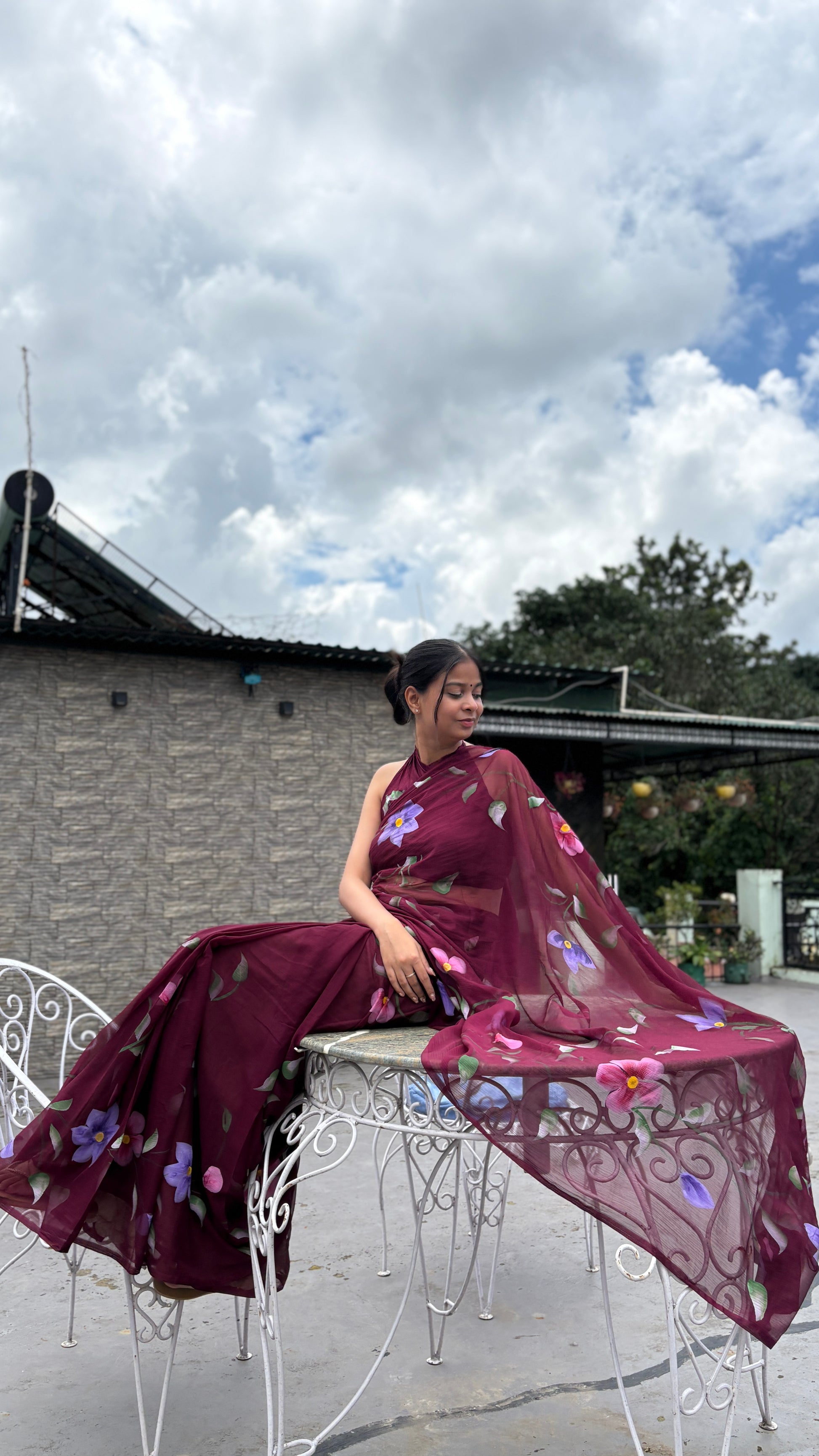 Hand-Painted Burgundy Saree