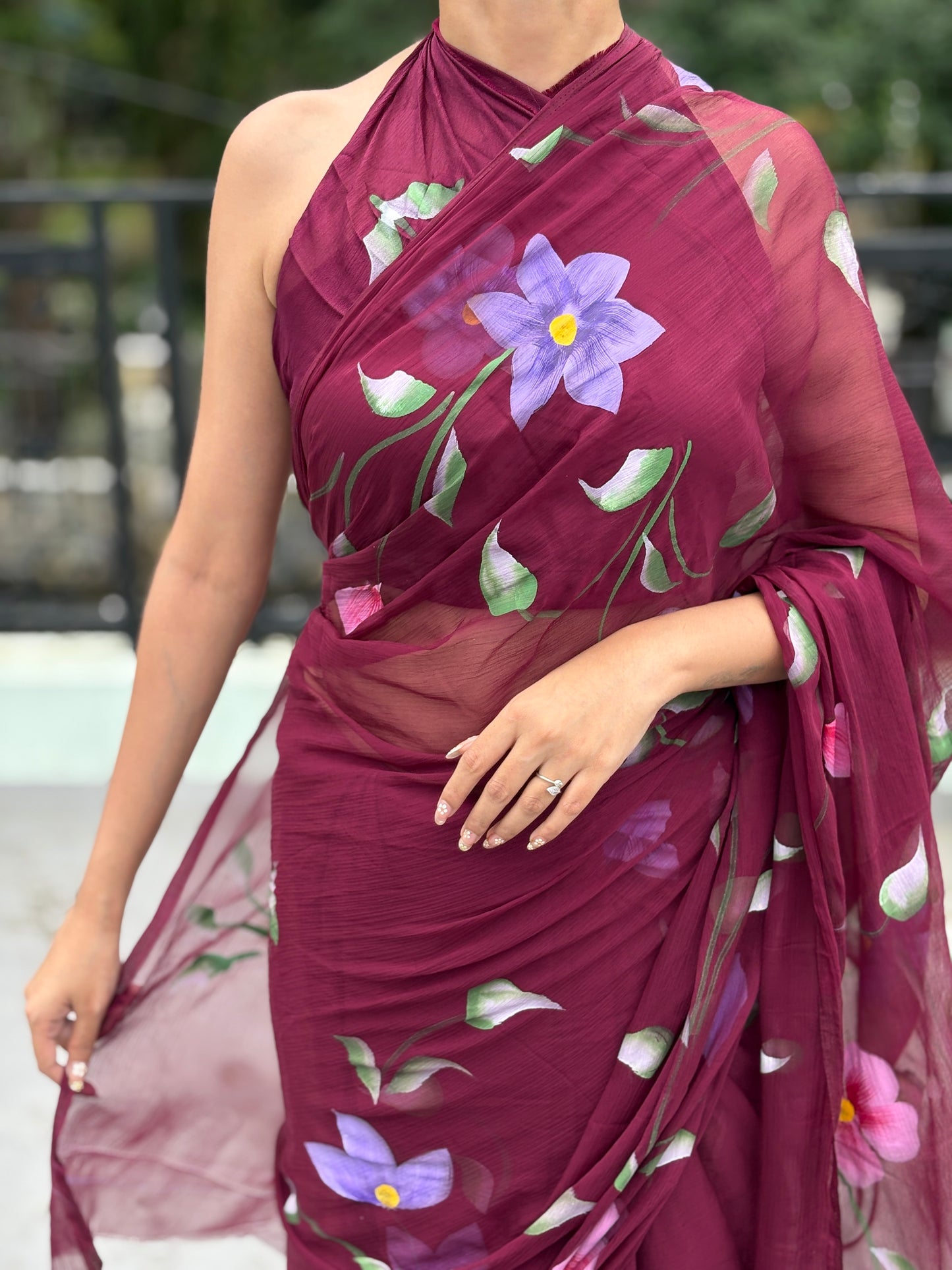 Hand-Painted Burgundy Saree