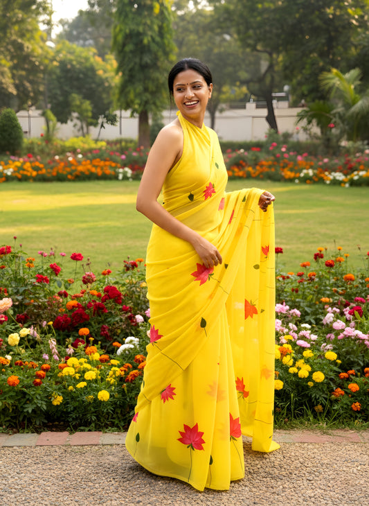 Kompal- Handpainted yellow saree