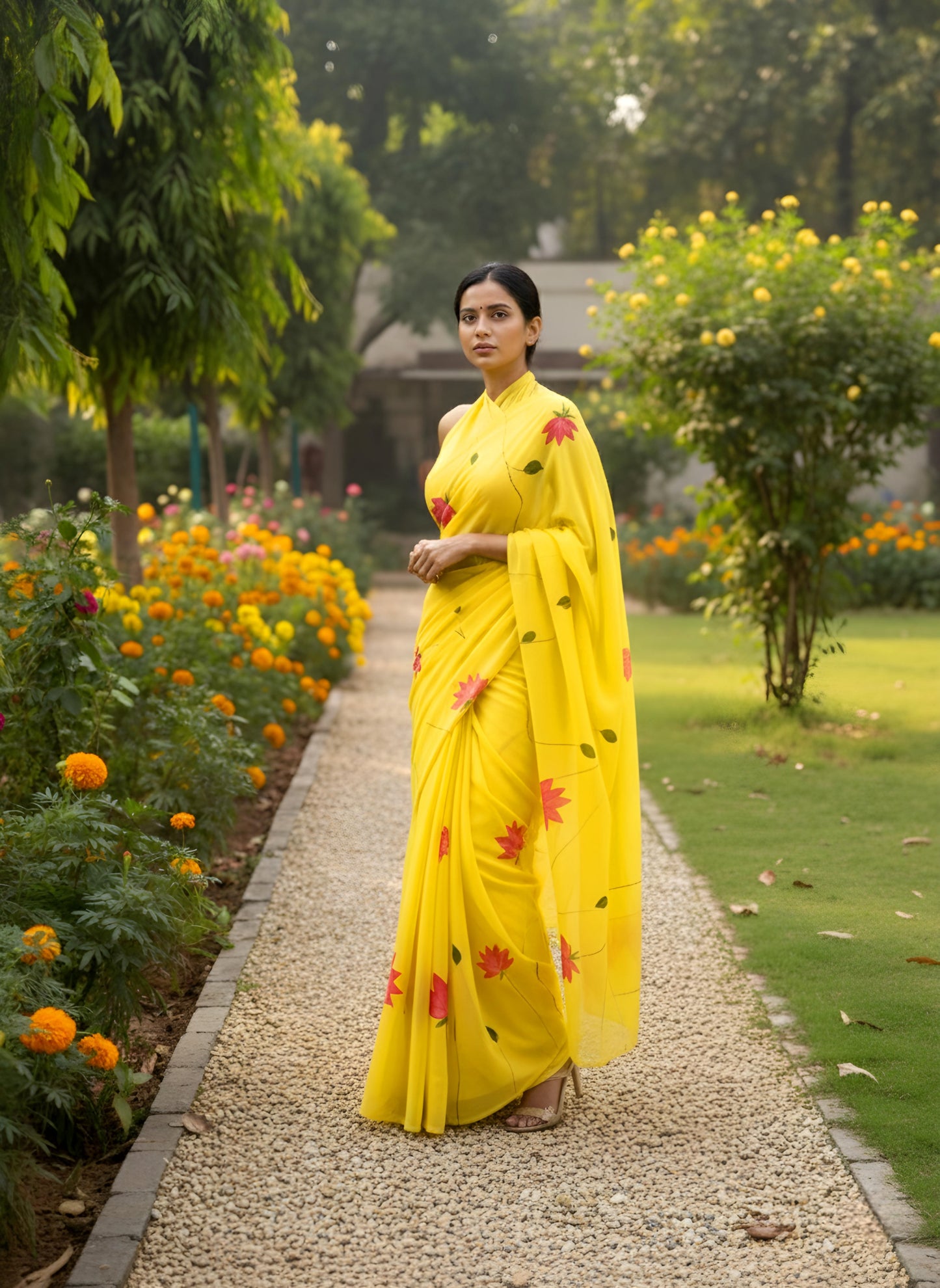 Kompal- Handpainted yellow saree