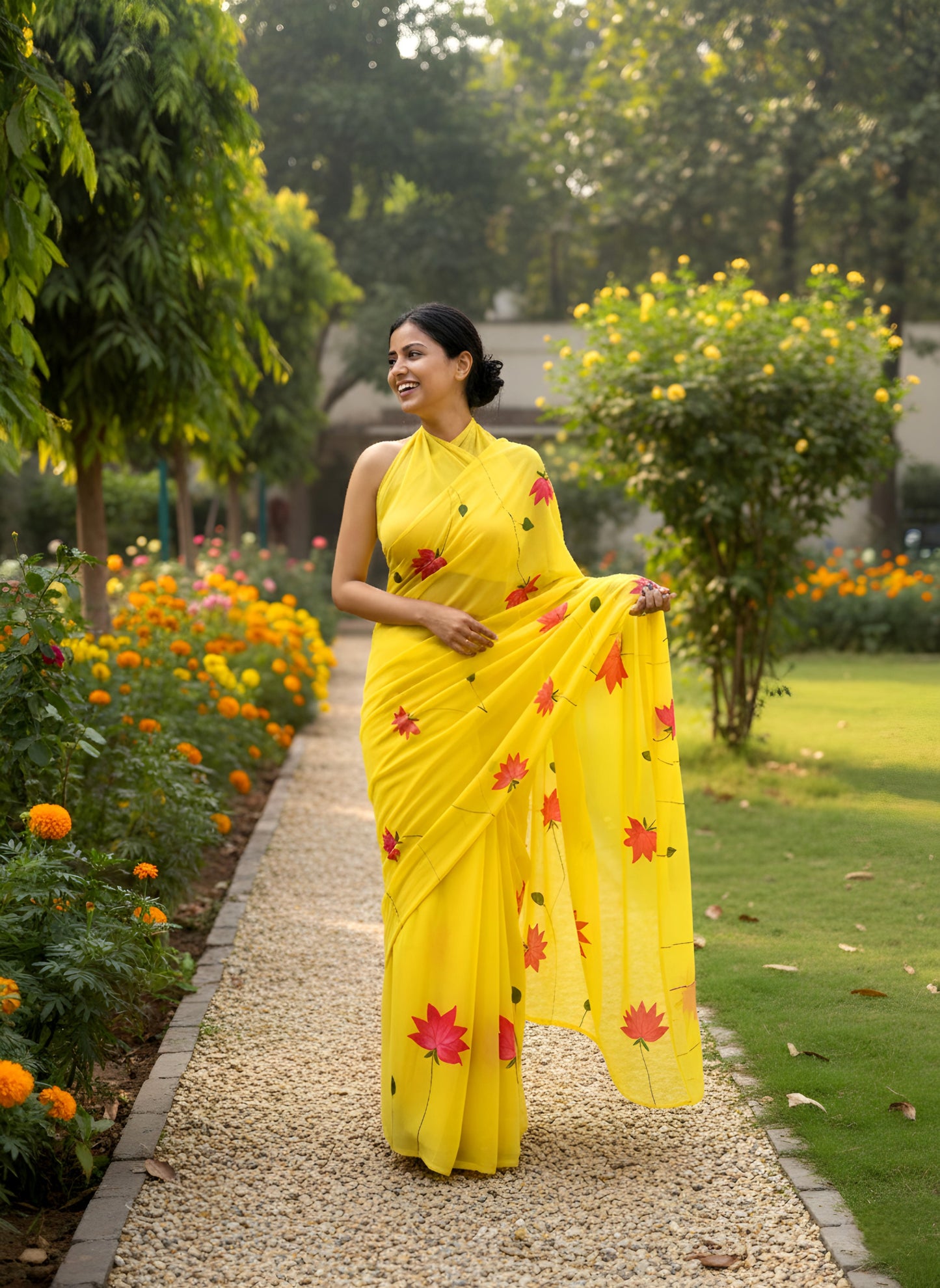 Kompal- Handpainted yellow saree