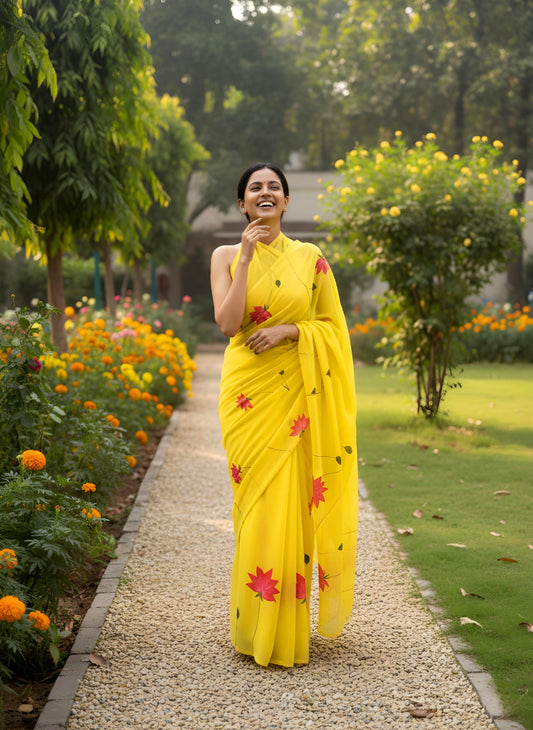 Kompal- Handpainted yellow saree