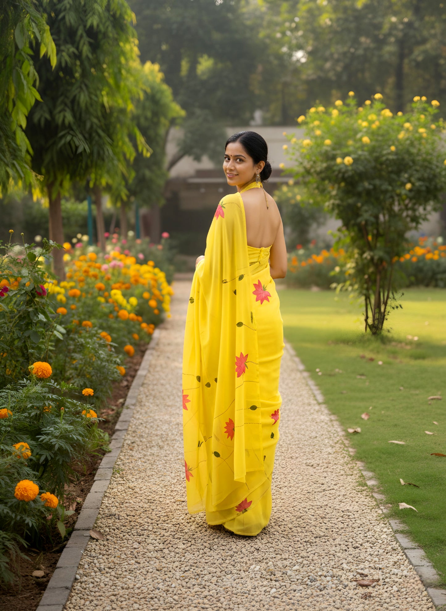 Kompal- Handpainted yellow saree