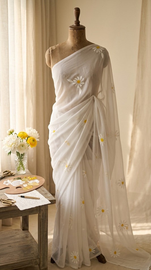 Chaand — White Hand-Painted Saree