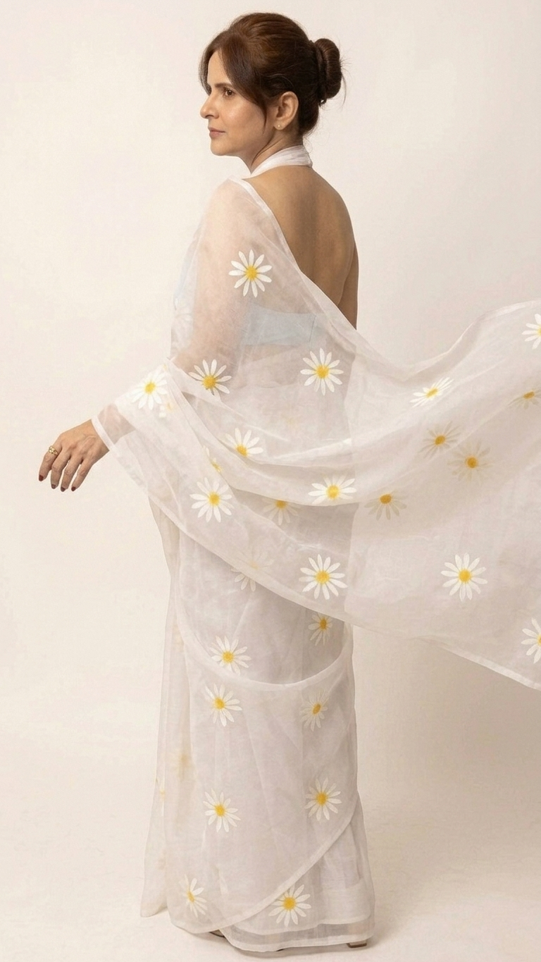 Chaand — White Hand-Painted Saree