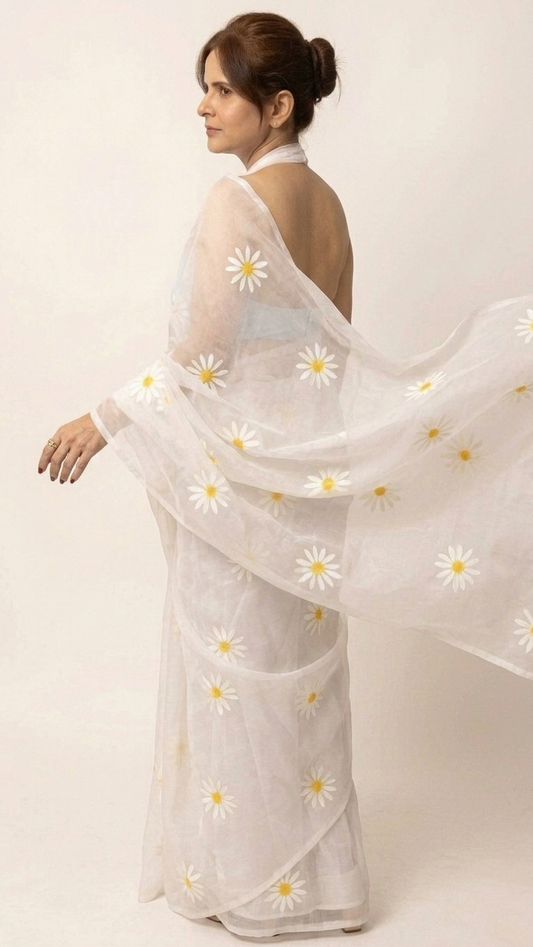 Chaand — White Hand-Painted Saree
