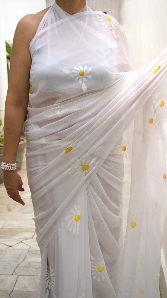 White Hand-Painted Saree