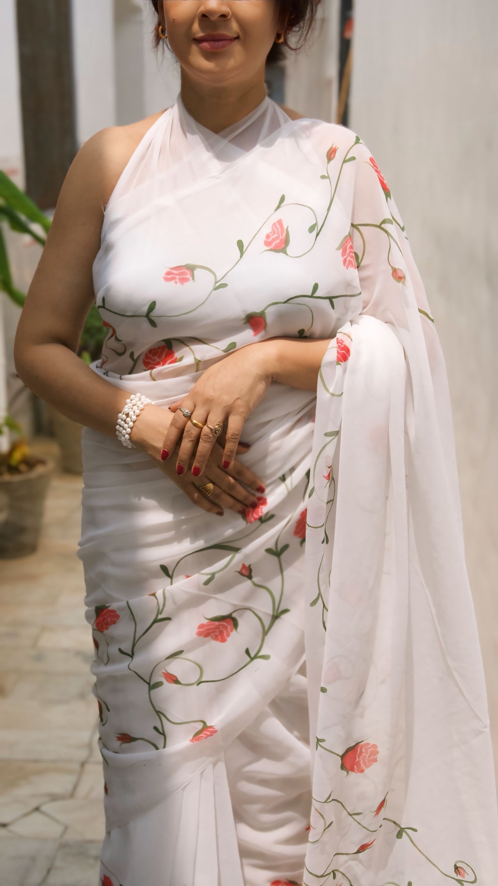 Hand-Painted Rose Saree
