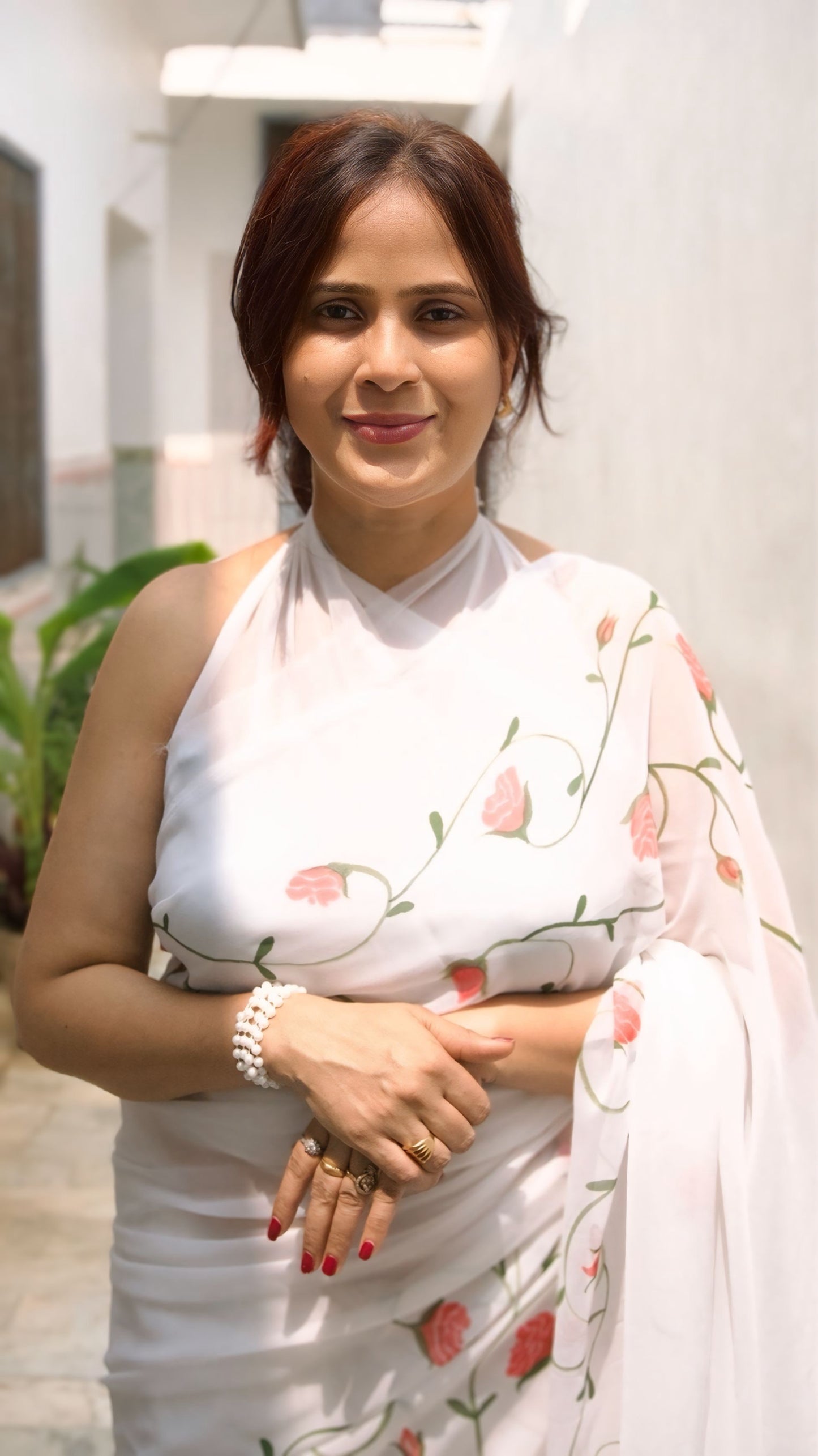Hand-Painted Rose Saree