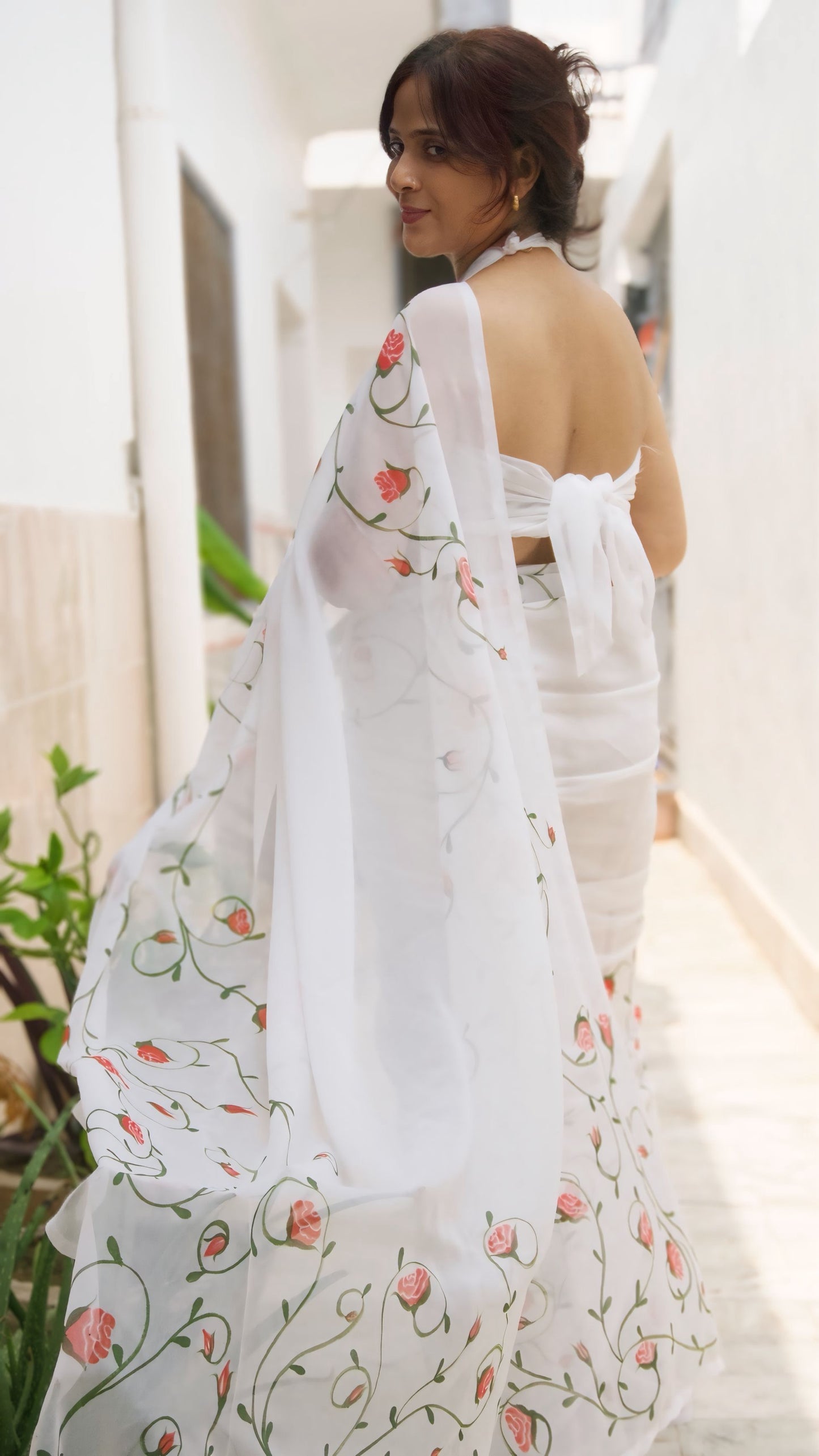 Hand-Painted Rose Saree