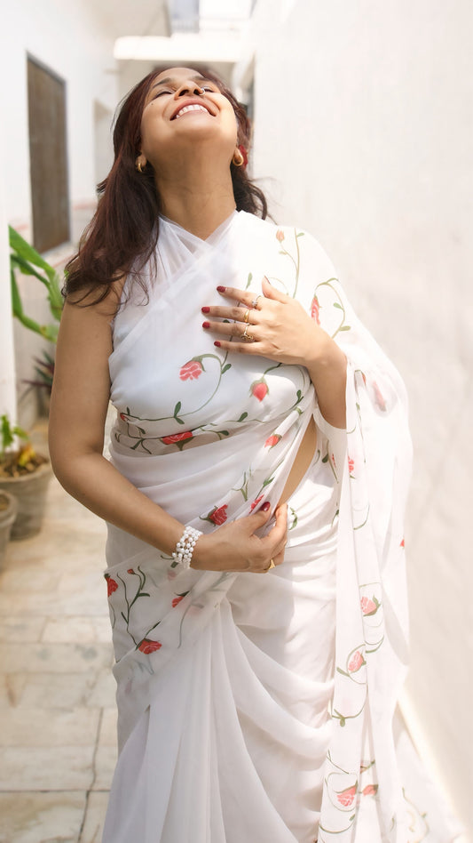 Hand-Painted Rose Saree