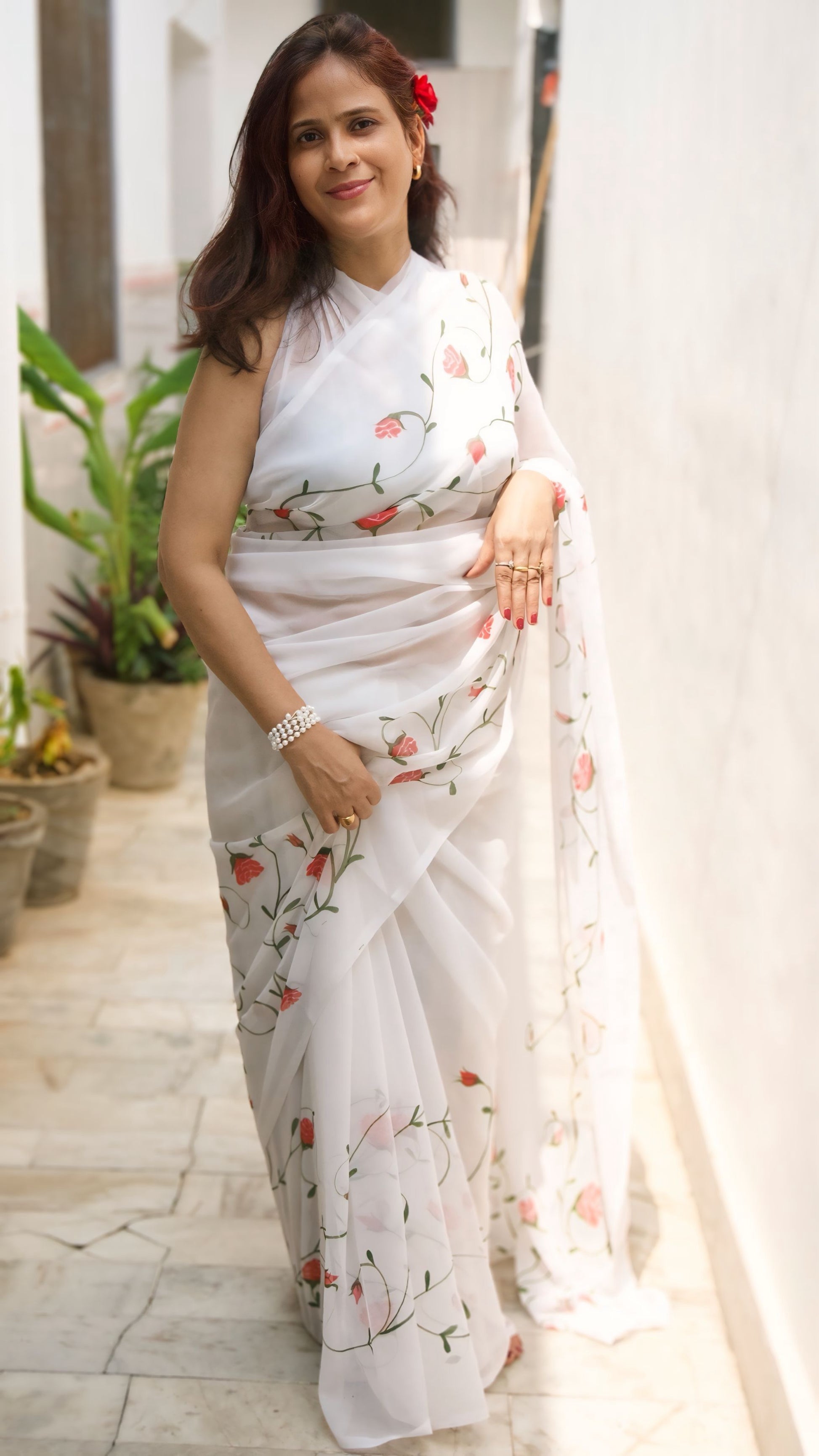 Hand-Painted Rose Saree