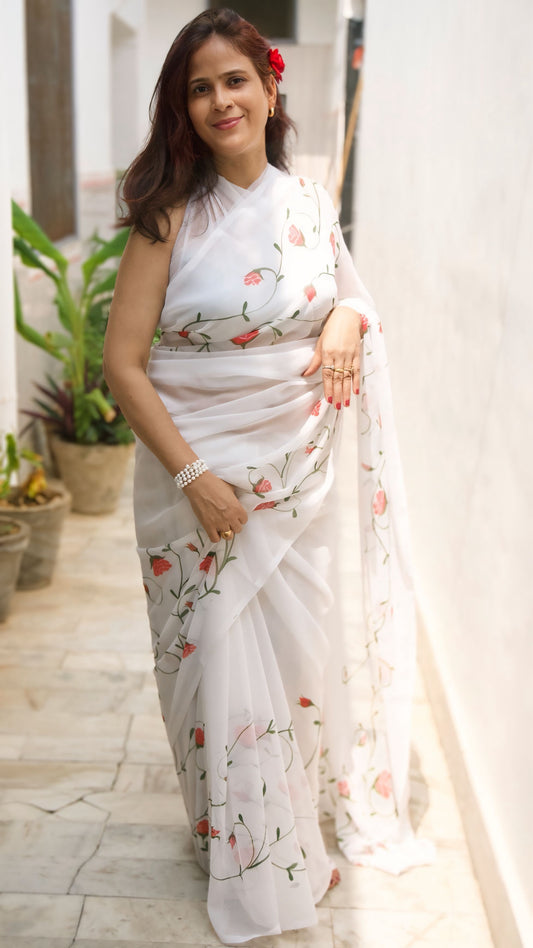 Hand-Painted Rose Saree