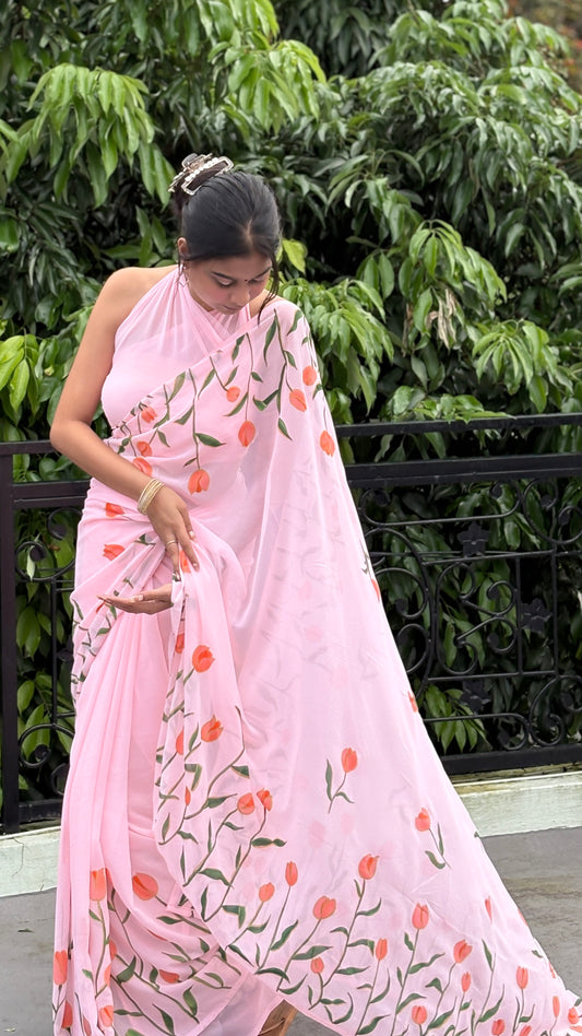 Hand-Painted Tulip Saree