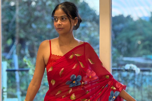 Red Hand-Painted Chiffon Saree