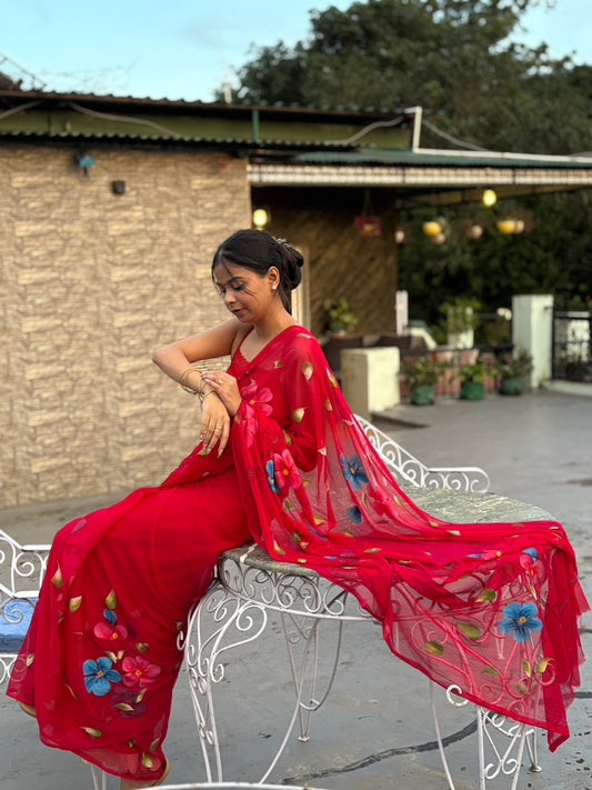 Red Hand-Painted Chiffon Saree