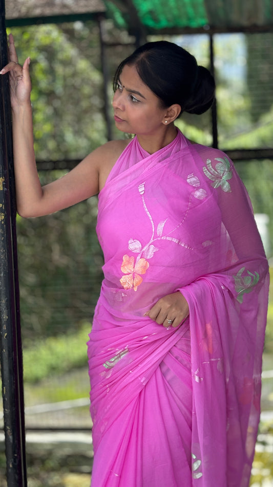 Hand-Painted Pink Saree