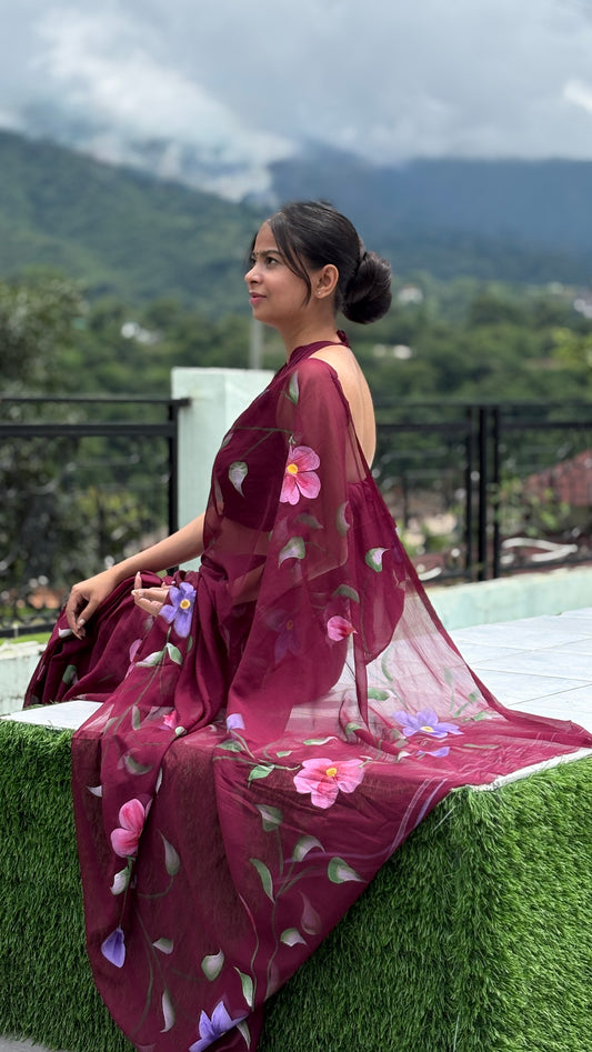 Hand-Painted Burgundy Saree