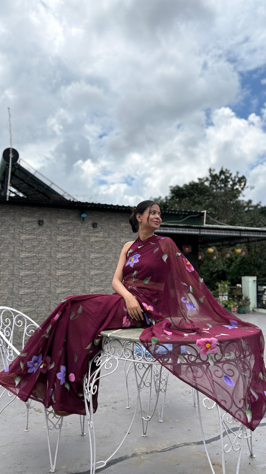 Hand-Painted Burgundy Saree