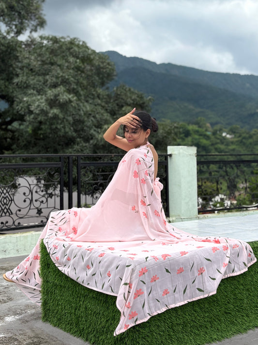 Hand-Painted Peach Saree