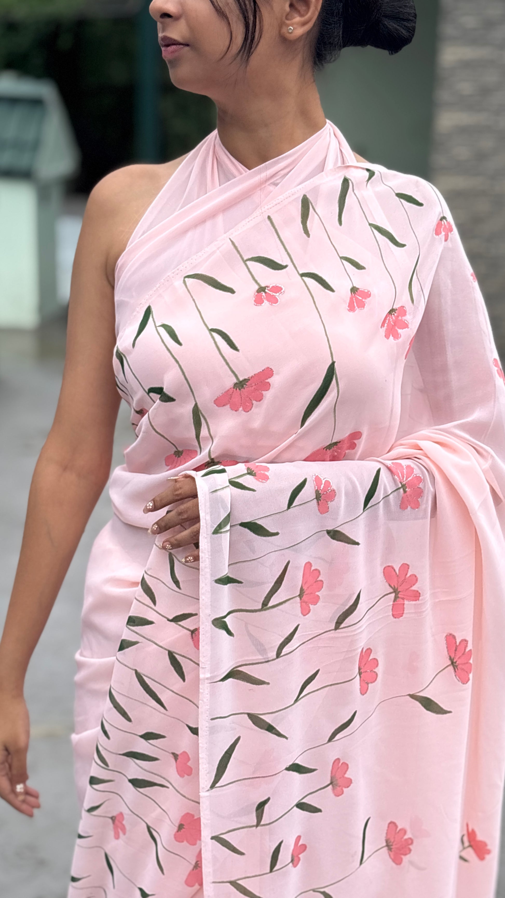 Hand-Painted Peach Saree
